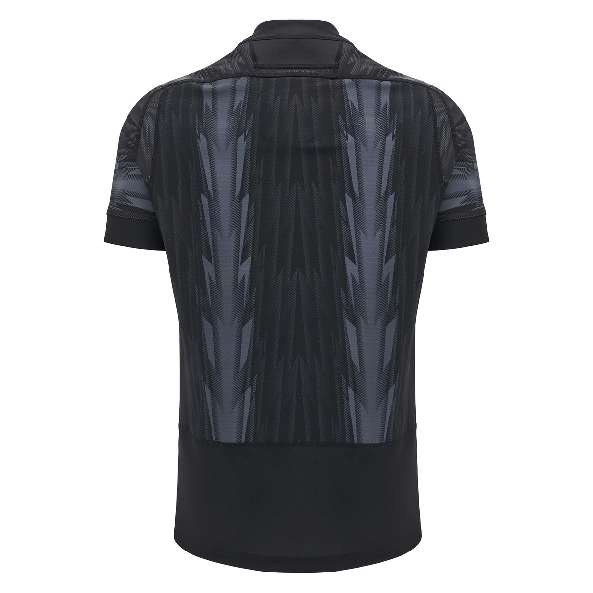 Back view of a Macron Wales 24/25 Training Jersey featuring a black and gray pattern, with short sleeves and a collar.