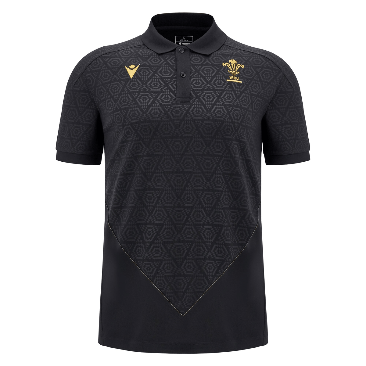 The Wales 24/25 Travel Polo by Macron showcases a black base with geometric patterns, along with two embroidered chest logos: a yellow symbol on the left and a white logo on the right.