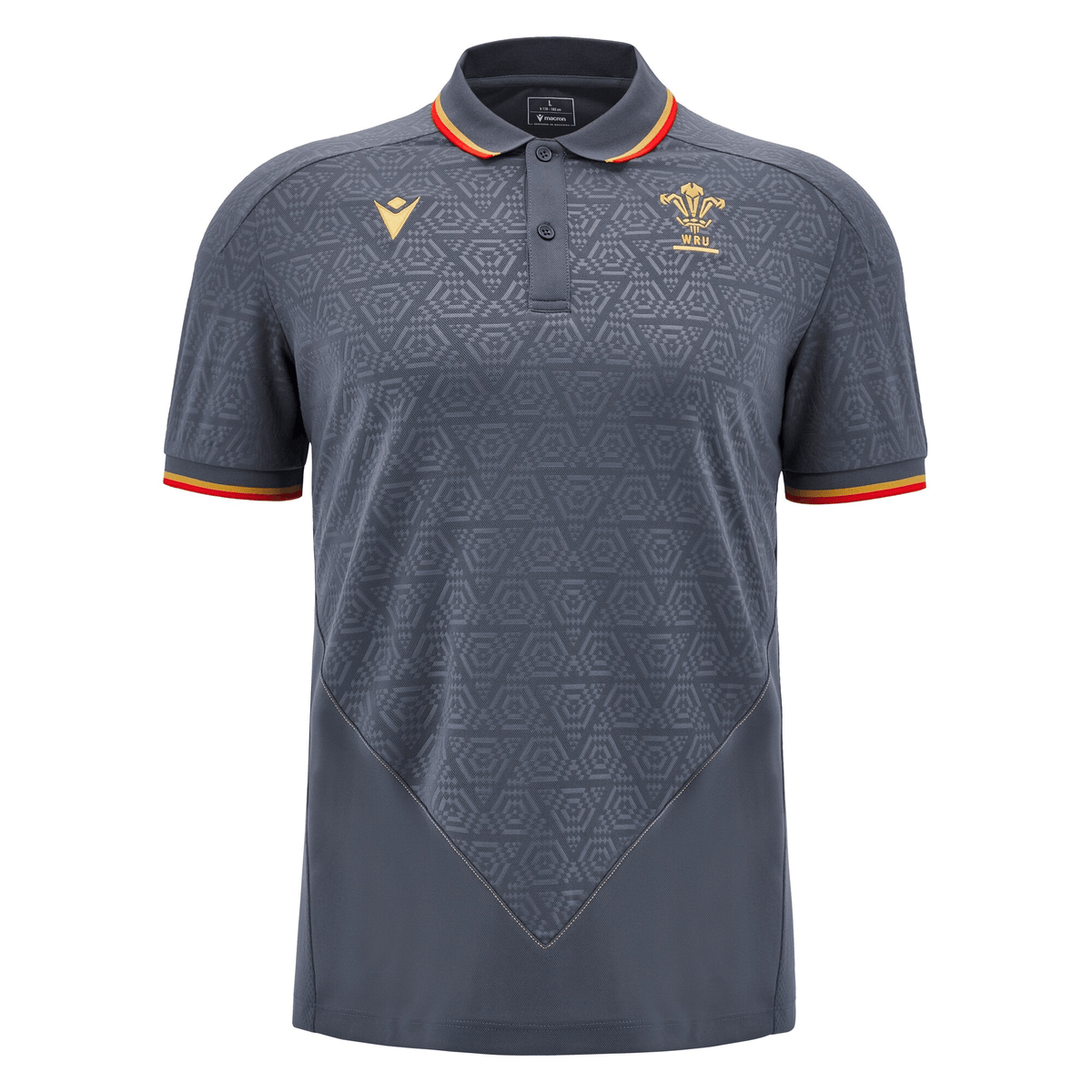 The Wales 24/25 Travel Polo by Macron is a dark gray soccer jersey adorned with subtle geometric patterns. It features red and yellow trim on the sleeves, a red collar edge, and an embroidered emblem on the chest, capturing the spirit of Wales for enthusiasts of both sport and travel.