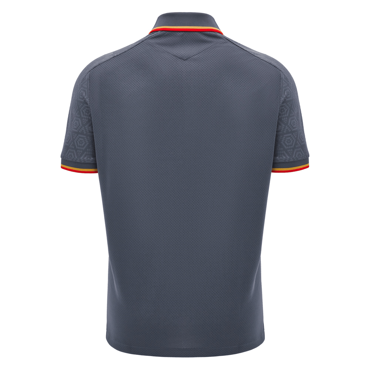 View from the back of the Wales 24/25 Travel Polo by Macron, showcasing a dark gray hue with red and yellow accents on the collar and sleeves, along with subtle patterned designs on the shoulders.