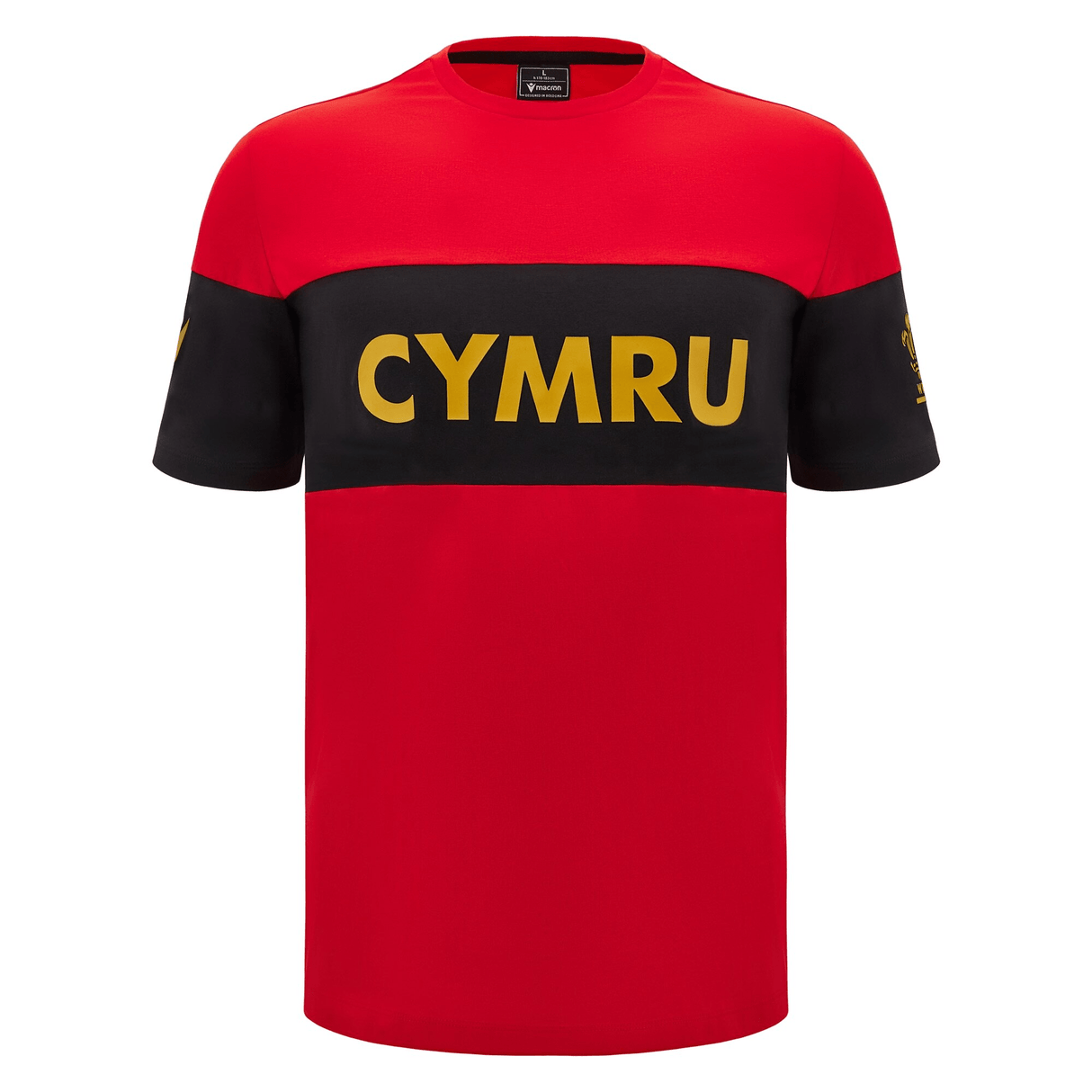 The Wales 24/25 CYMRU Leisure T-Shirt by Macron boasts a vibrant red and black design, with the word "CYMRU" prominently displayed in yellow across the chest.