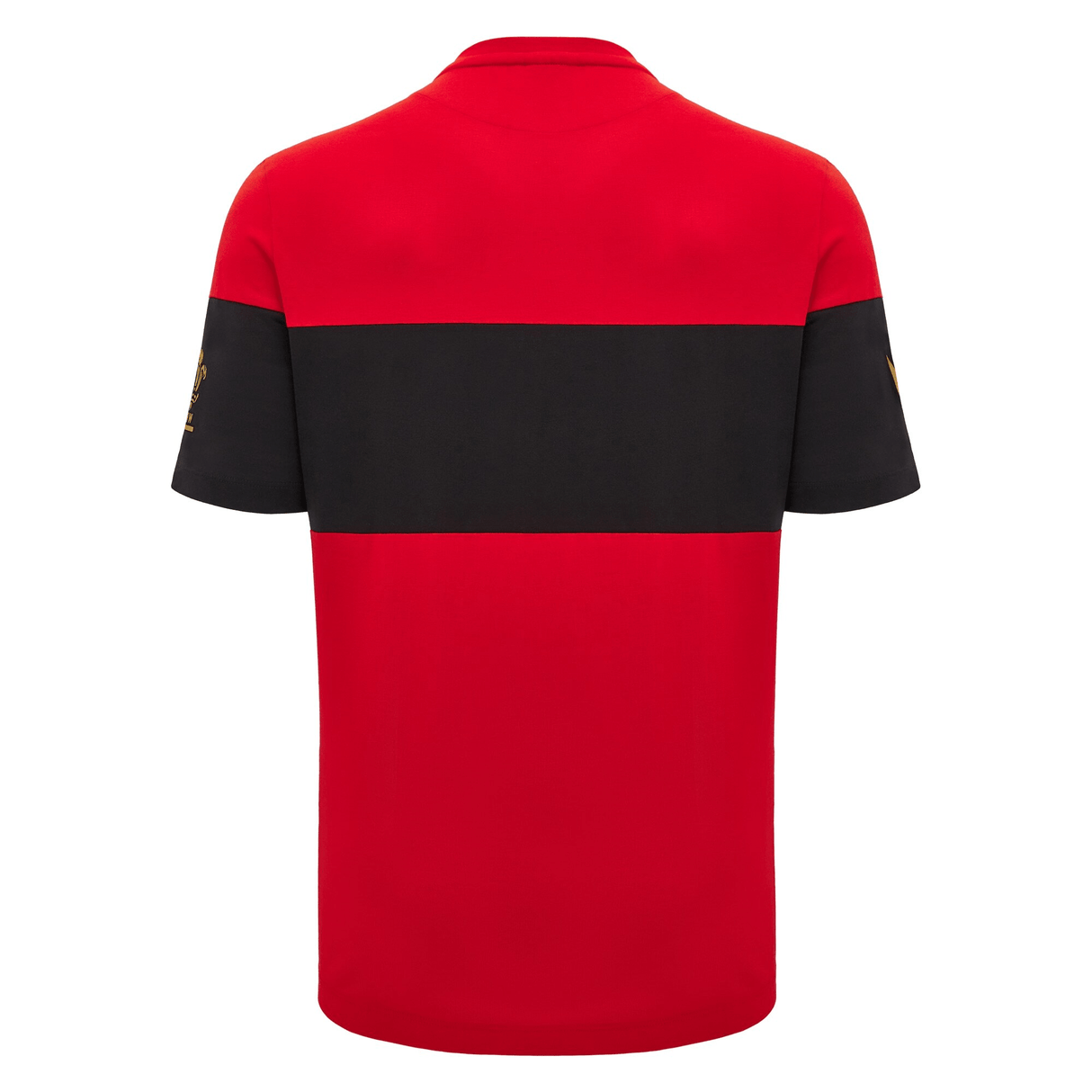 Back view of the Wales 24/25 CYMRU Leisure T-Shirt by Macron, showcasing a short-sleeve red design with a distinctive horizontal black stripe across the chest, reflecting Welsh pride and style.
