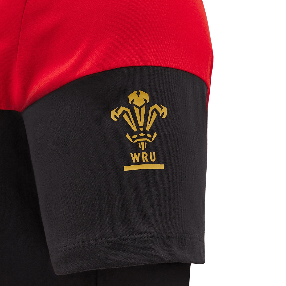 A close-up of the sleeve on the Wales 24/25 CYMRU Leisure T-Shirt by Macron features a gold Welsh Rugby Union emblem, showcased against a bold black and red background.