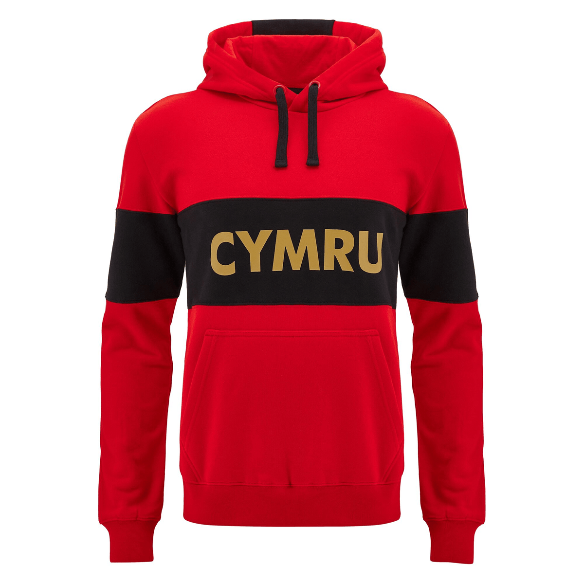Wales 24/25 CYMRU Leisure Hoodie by Macron featuring a red design with black accents and "CYMRU" boldly printed in gold text on the front.