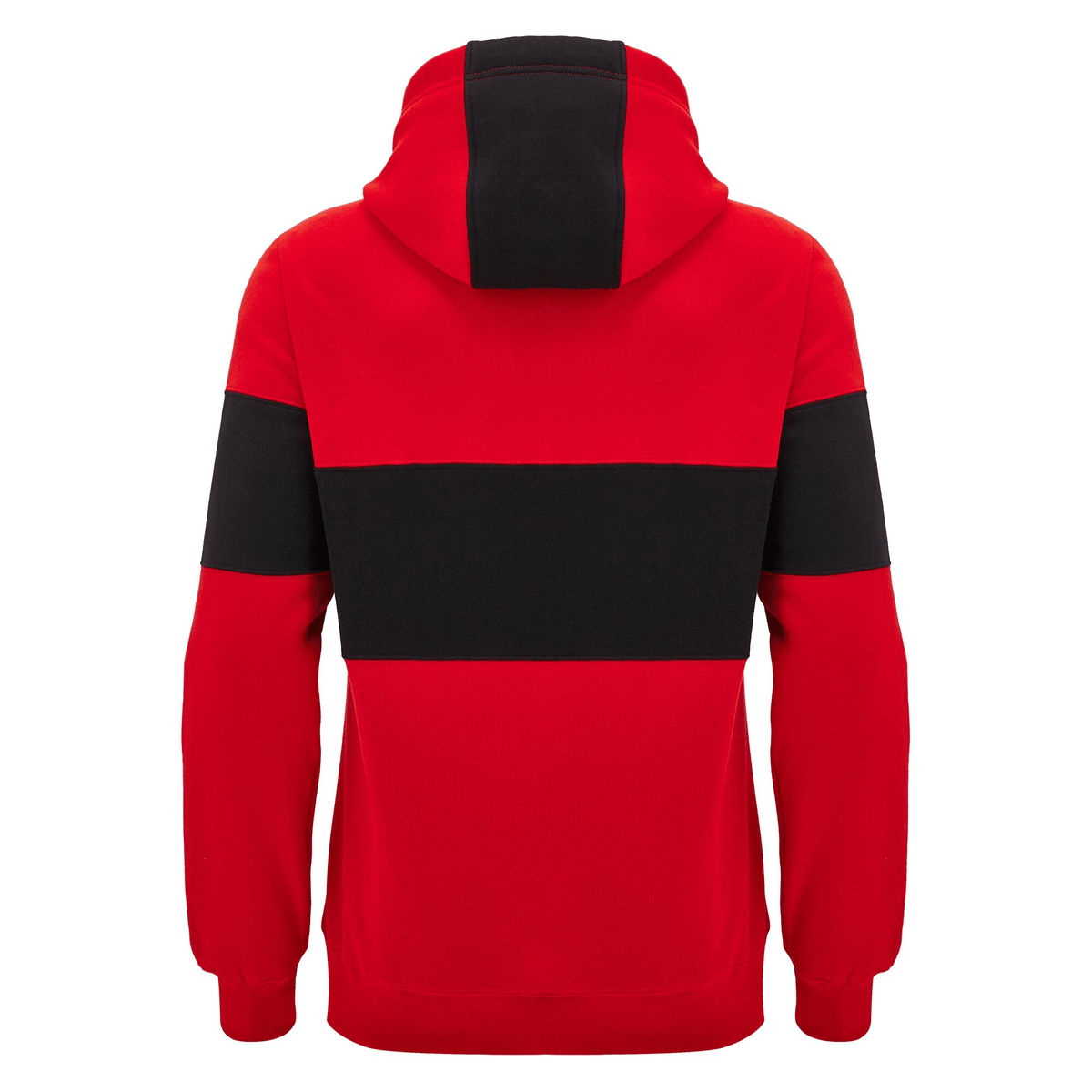 Wales 24/25 CYMRU Leisure Hoodie by Macron in red, featuring a black horizontal stripe across the chest and sleeves, viewed from the back.
