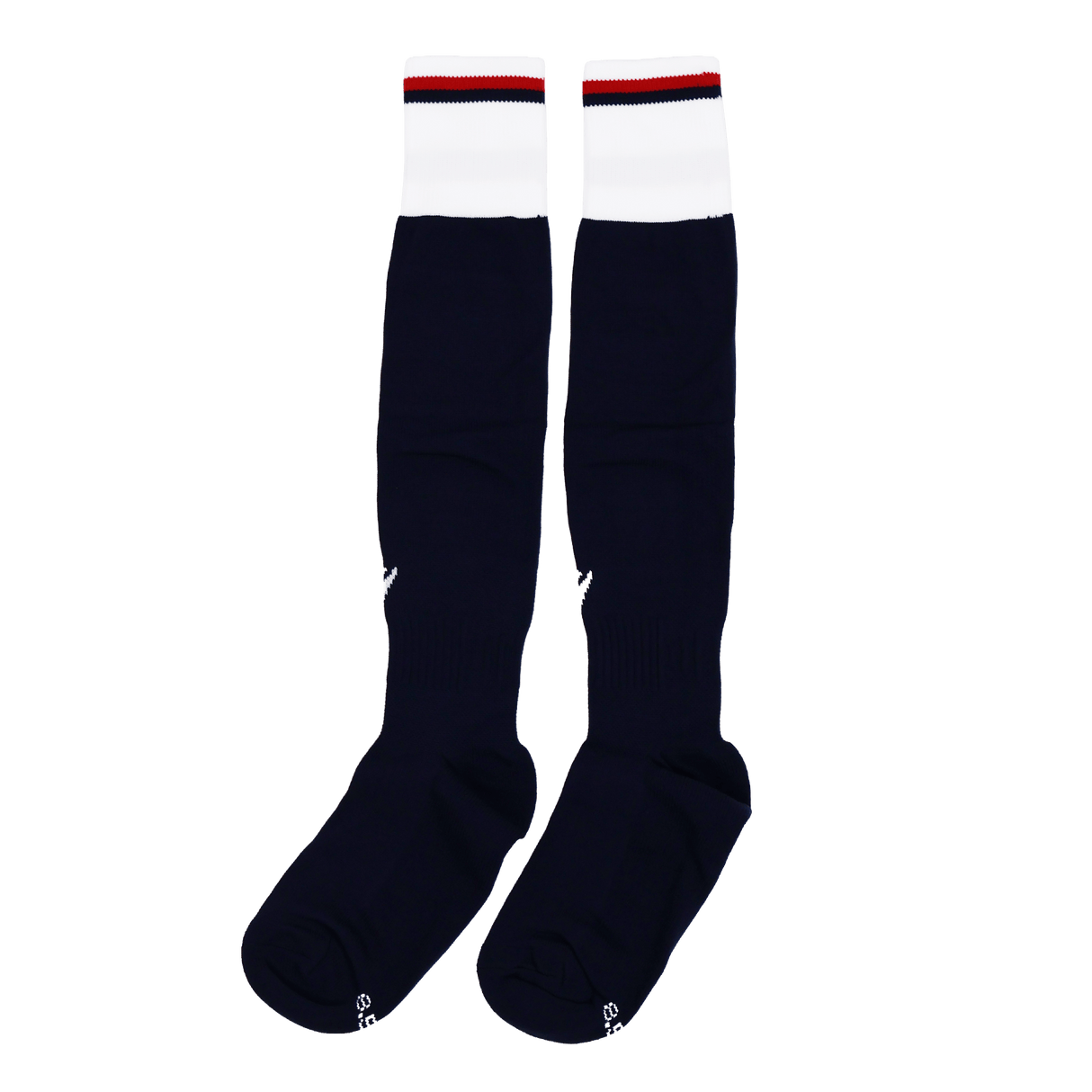 The USA Rugby 24/25 Player Home Socks by Macron are black knee-high rugby socks featuring white cuffs and a thin red stripe near the top, displayed on a plain white background.