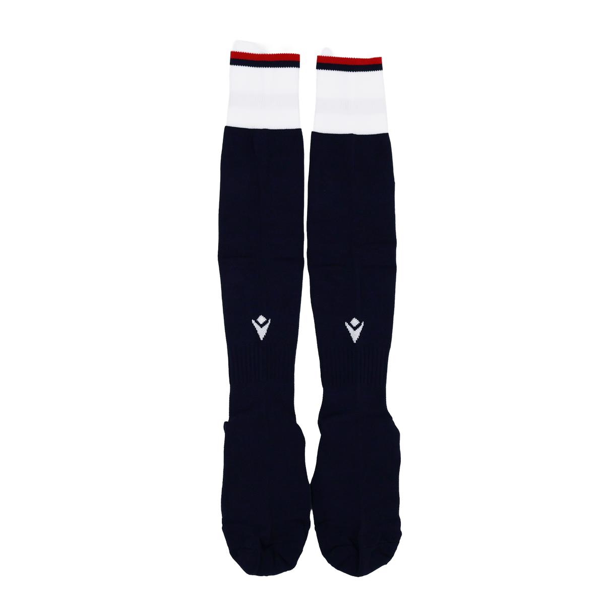 The USA Rugby 24/25 Player Home Socks by Macron are long, navy rugby socks with white cuffs, small red accents, and a geometric logo on the shin.
