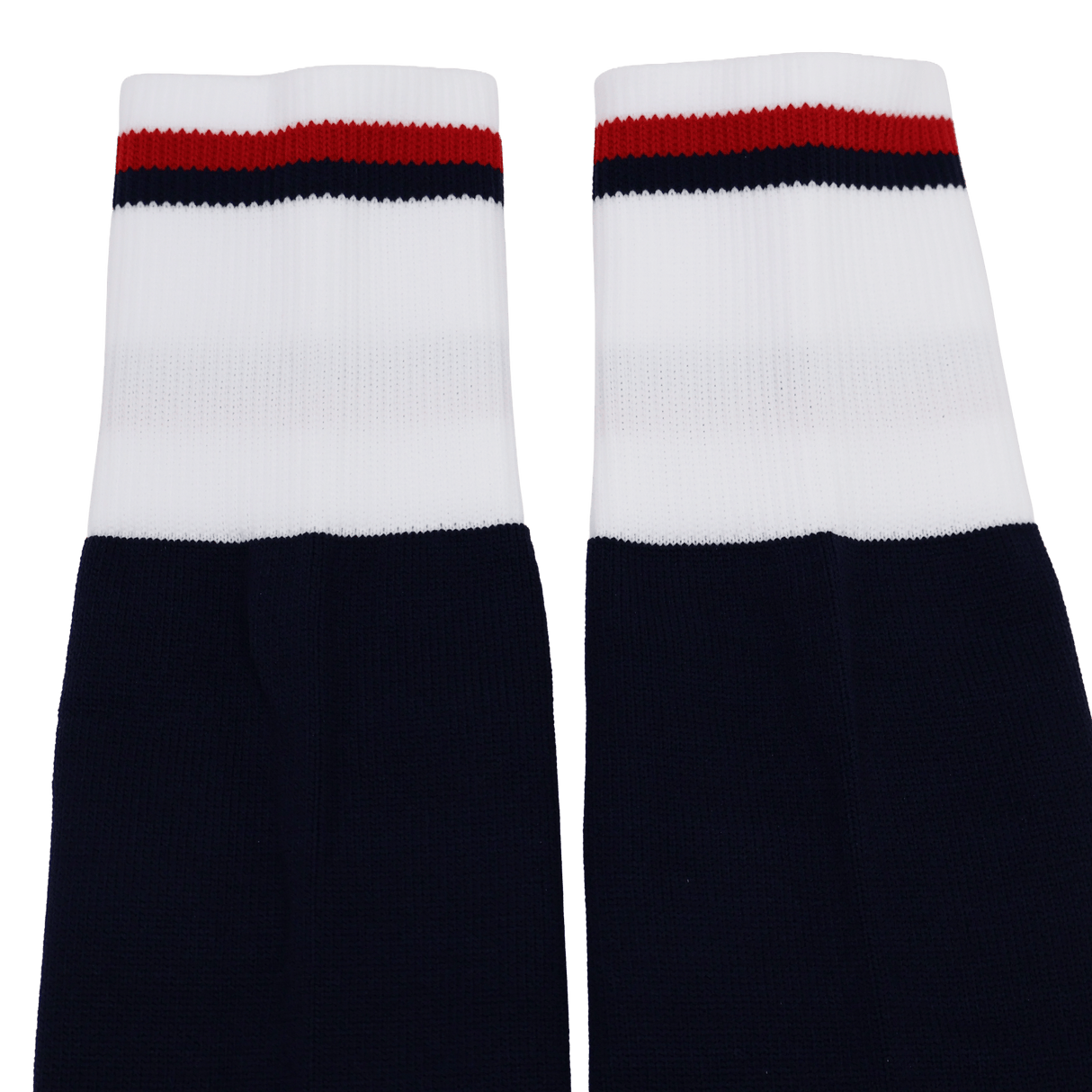 The USA Rugby 24/25 Player Home Socks by Macron feature navy blue with white cuffs and red and black stripes, inspired by classic USA Rugby home socks and designed for top player performance.