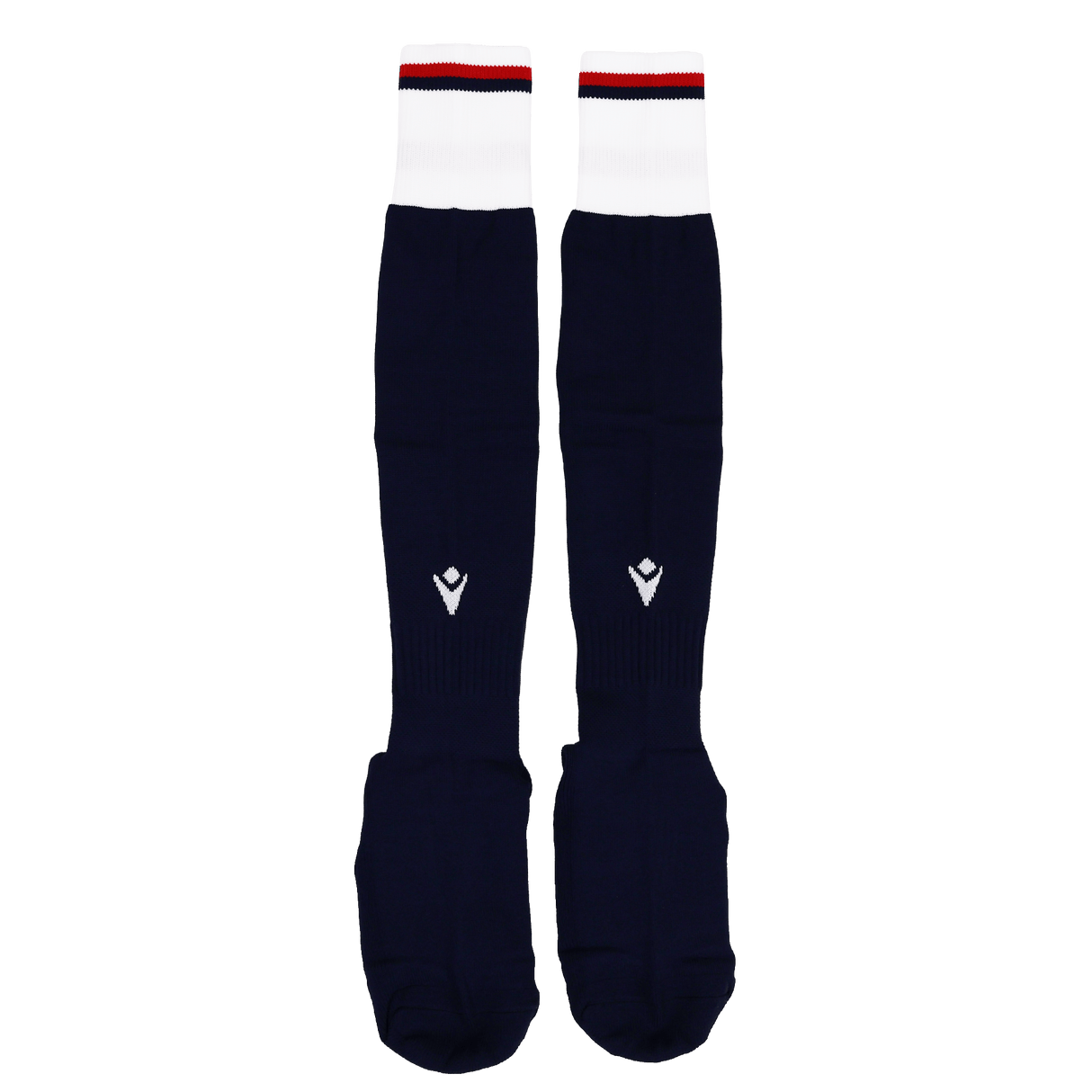 The USA Rugby 24/25 Replica Home Socks by Macron feature navy blue with white cuffs and red and navy stripes at the top, inspired by USA Rugby socks, shown on a plain white background.