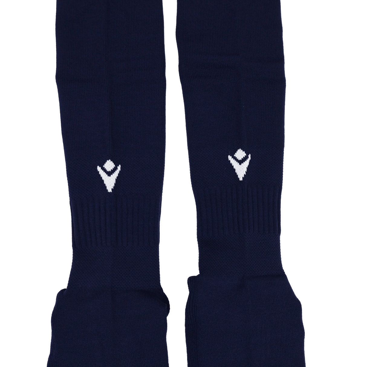The USA Rugby 24/25 Replica Home Socks by Macron are navy blue, knee-high, and feature a white geometric logo—ideal for dedicated fans.