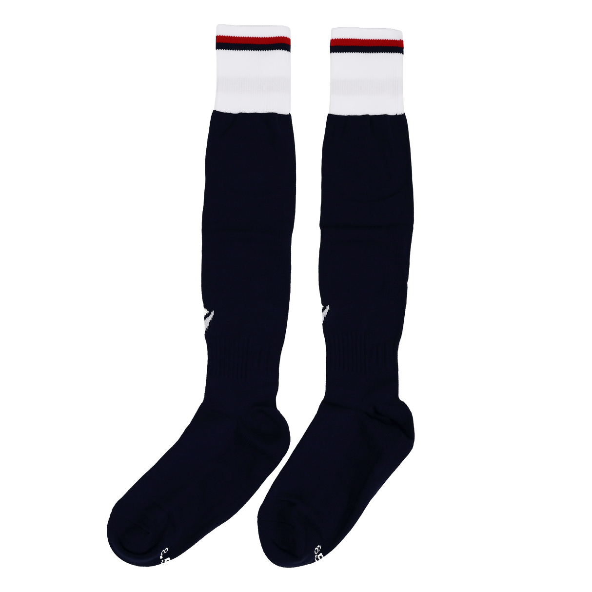 A pair of USA Rugby 24/25 Replica Home Socks by Macron, knee-high in navy blue with white cuffs and red and navy stripes at the top, is laid flat on a white background.