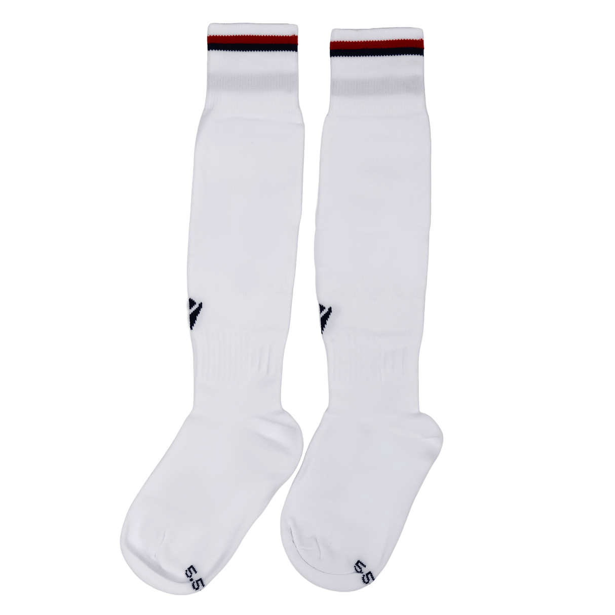 The Youth USA Rugby 24/25 Player Away Socks by Macron are long white youth socks featuring black logo details and a red and black striped band near the top.