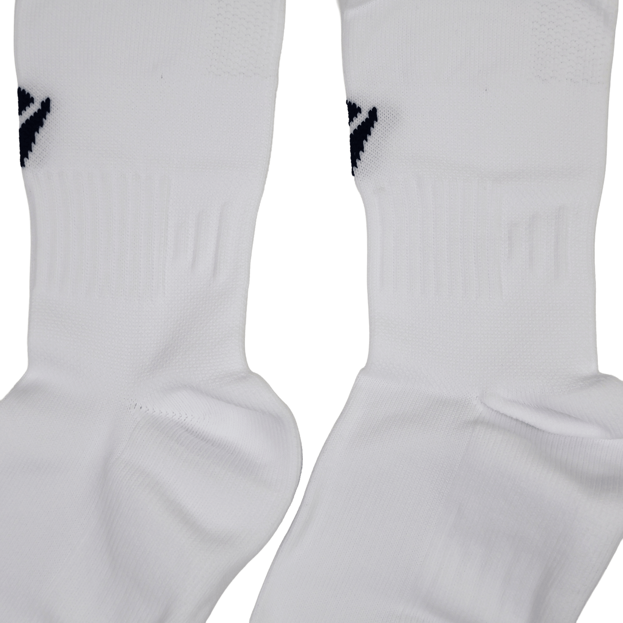 Close-up of two white USA Rugby 24/25 Player Away Socks by Macron, featuring a ribbed texture and small black design near the top—perfect for rugby players.
