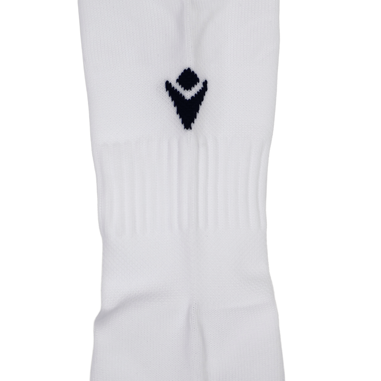 Close-up of the USA Rugby 24/25 Player Away Socks by Macron in white, showcasing a black geometric logo and ribbed midsection, inspired by classic Macron rugby socks.