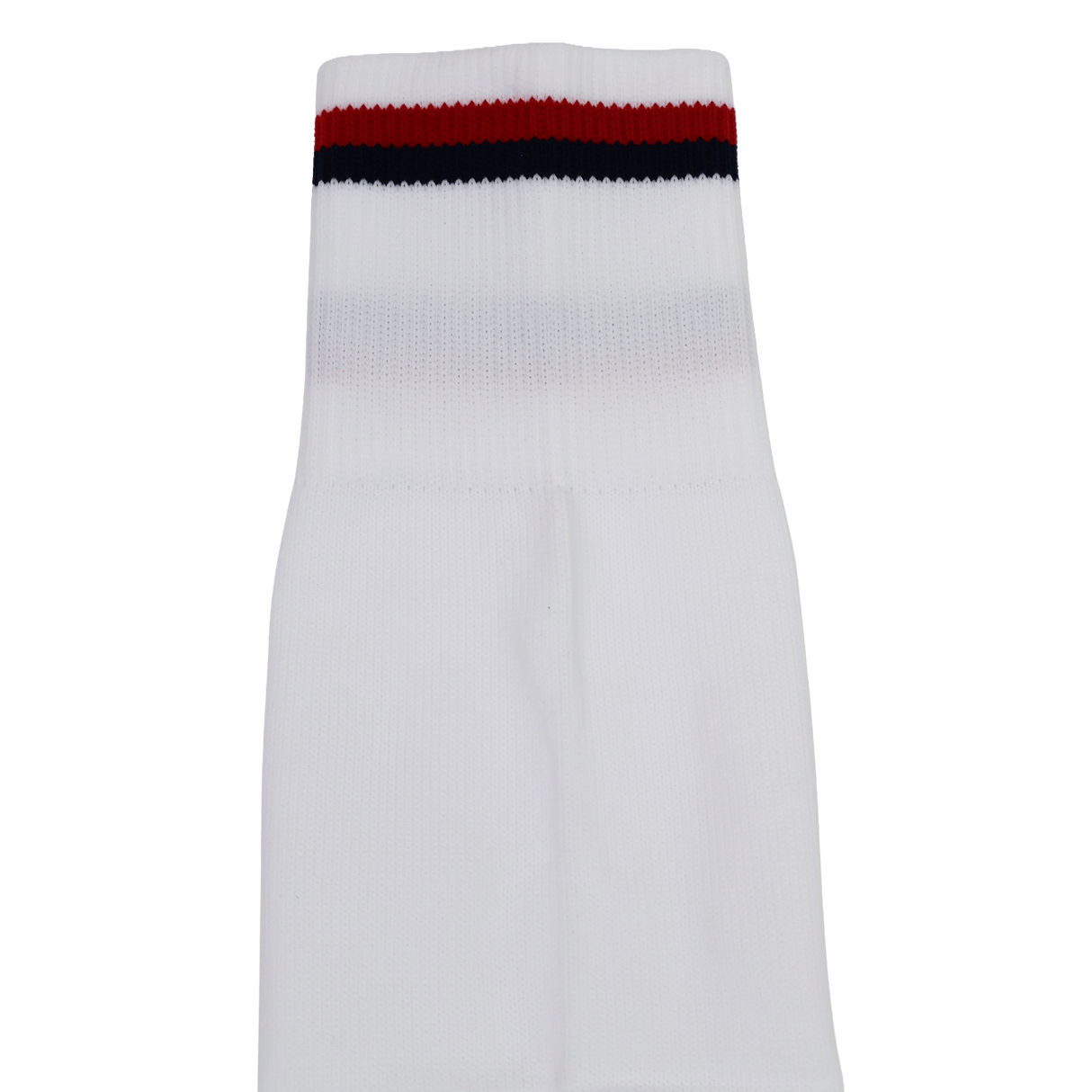 A close-up of the USA Rugby 24/25 Player Away Socks by Macron, featuring a white design with red and black stripes near the top.