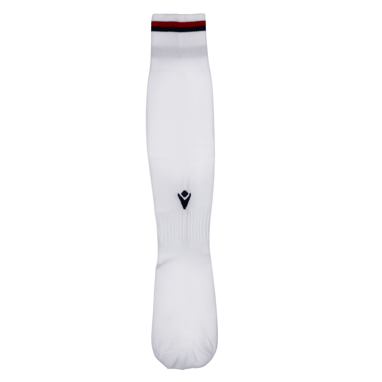 The Youth USA Rugby 24/25 Player Away Sock by Macron is white with a black logo and red and black stripes at the top, shown on a plain white background.