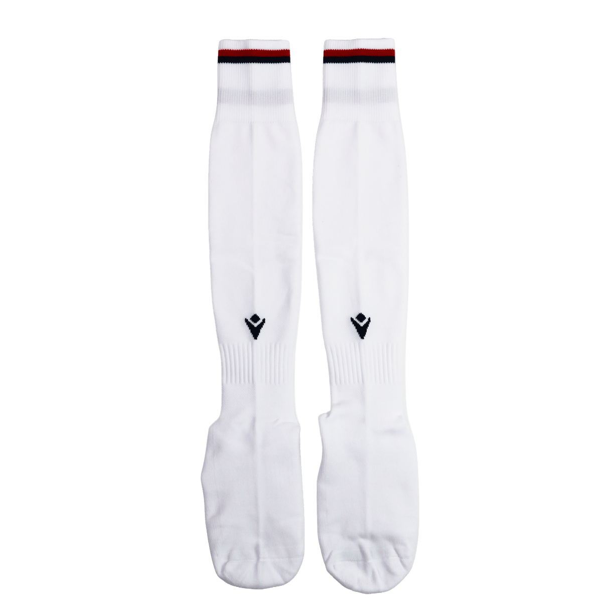 The USA Rugby 24/25 Replica Away Socks by Macron feature red and black stripes, a small front logo, and are perfect for fans or replica wear.