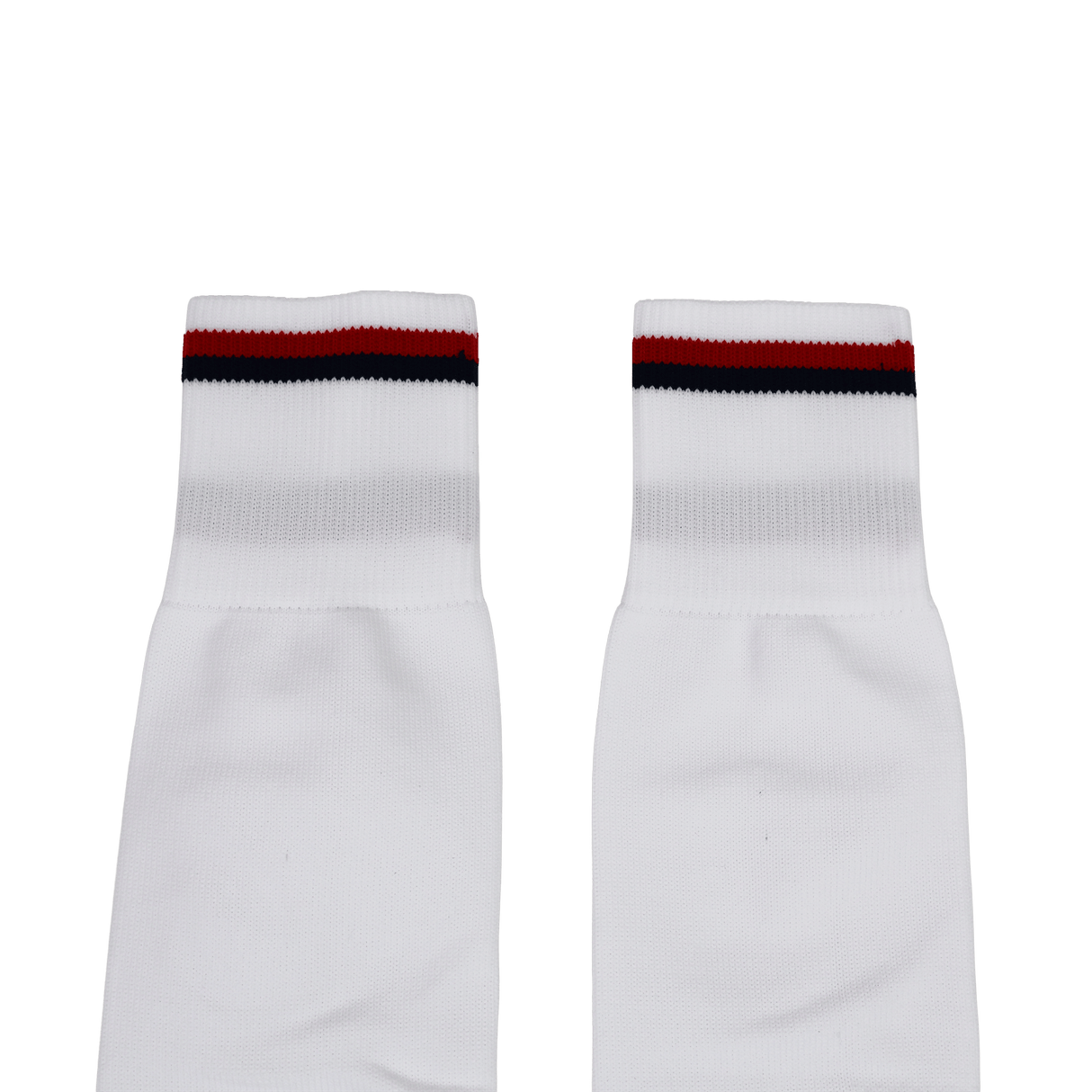 A pair of USA Rugby 24/25 Replica Away Socks by Macron in white, featuring black and red stripes near the top, laid flat on a white background.