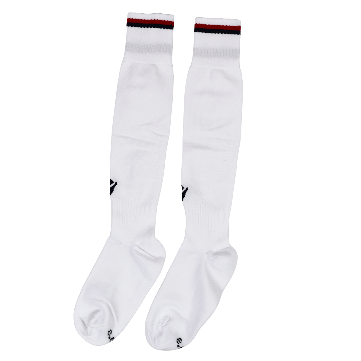 Inspired by official USA Rugby socks, the Macron USA Rugby 24/25 Replica Away Socks feature black and red stripes atop long white athletic socks, shown laid flat on a white background.