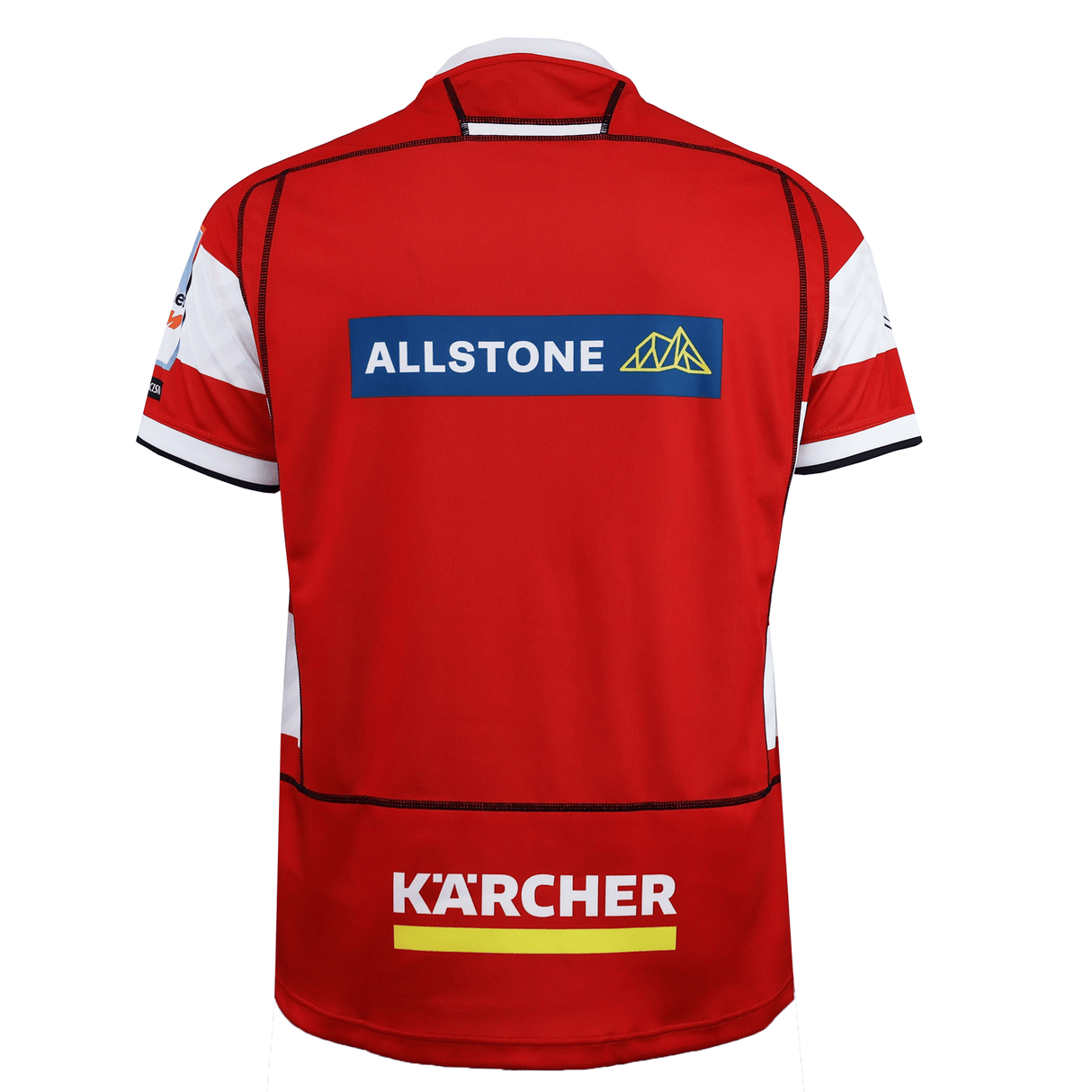 The back of the Gloucester 25/26 Replica Home Jersey by Macron features "ALLSTONE" and "KÄRCHER" logos in the center and lower back, mirroring the authentic home design.
