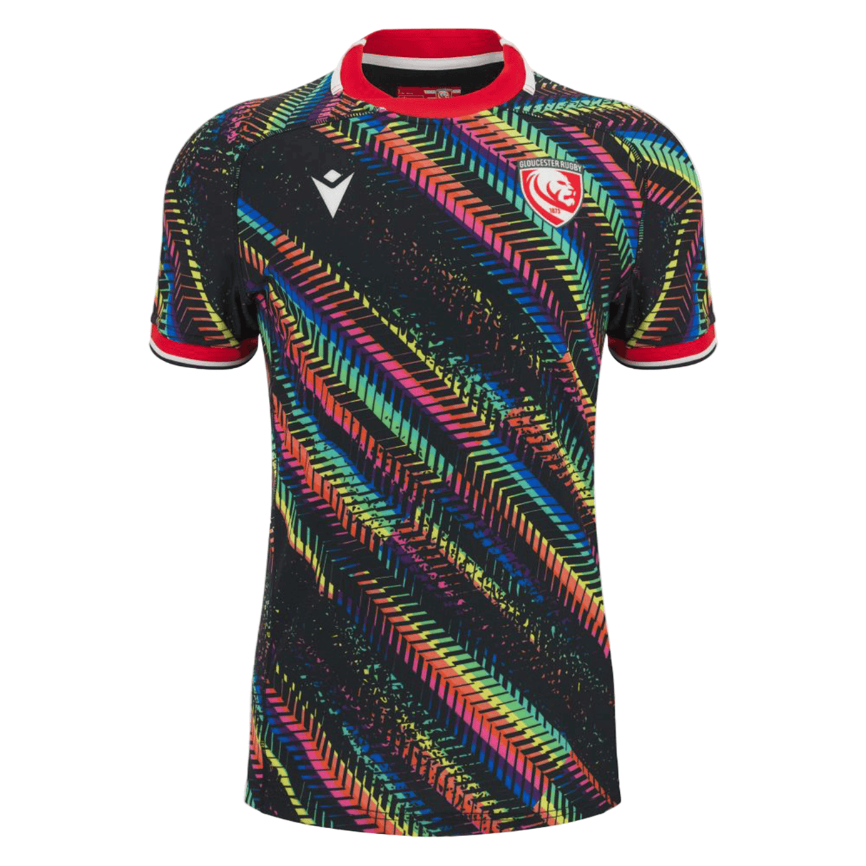 The Gloucester 25/26 Replica Training Jersey by Macron is a black sports jersey with multicolored diagonal patterns and a red and white crest on the left chest.