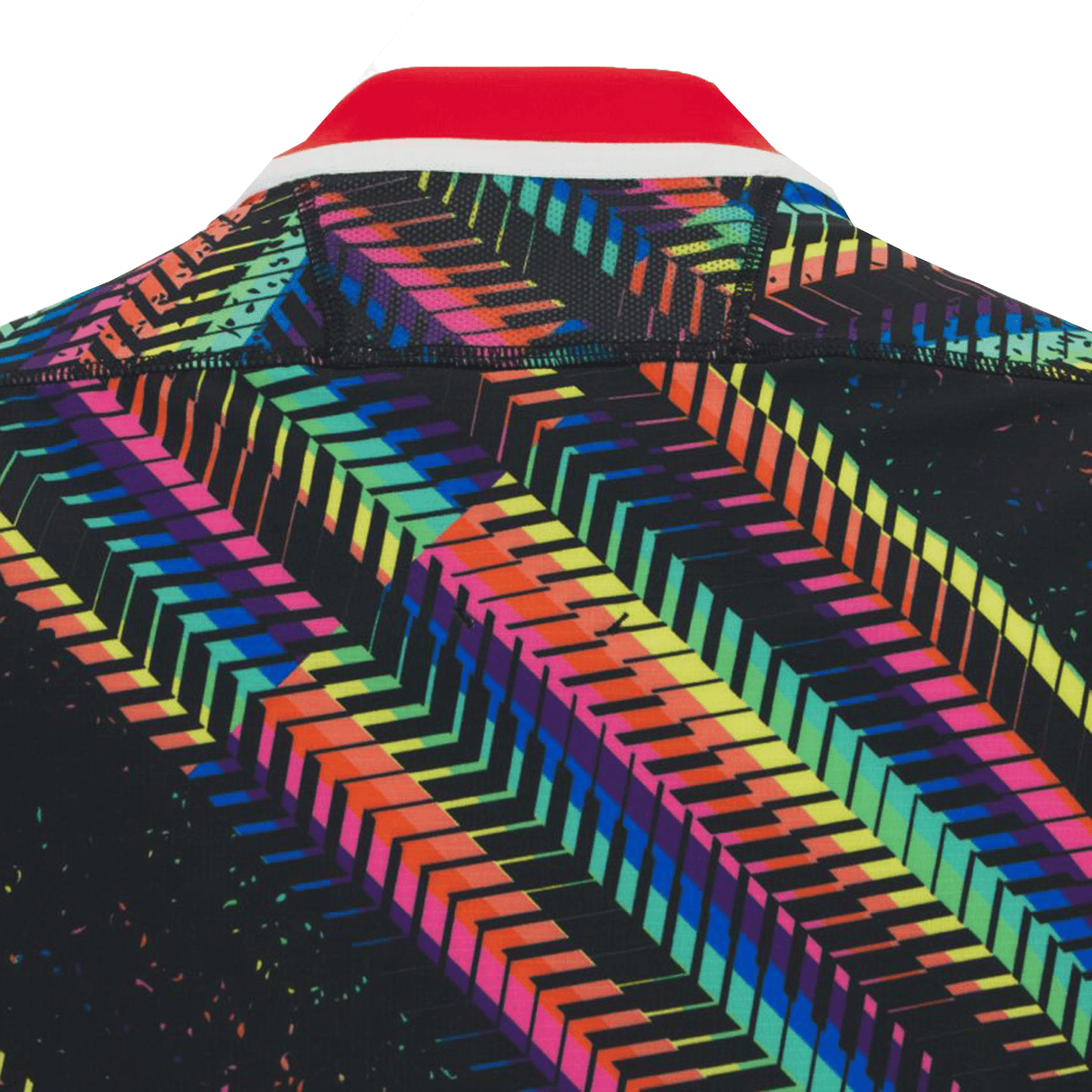 Close-up of the Gloucester 25/26 Replica Training Jersey by Macron, showcasing a vibrant geometric pattern with diagonal lines and chevrons, topped off with a striking red collar.