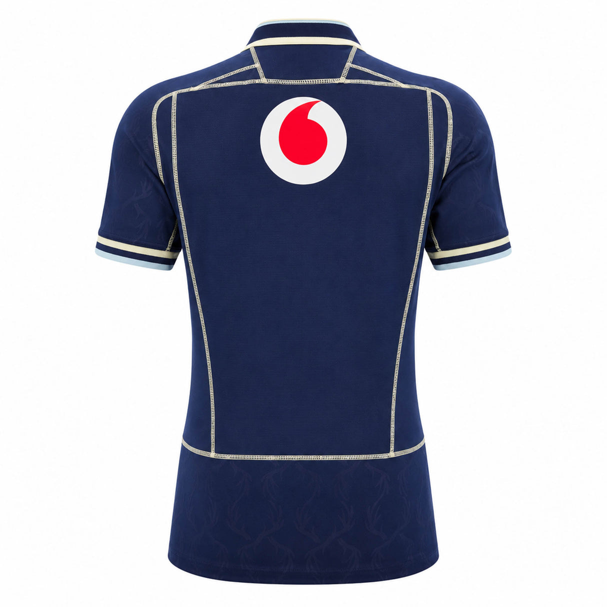 Navy blue short-sleeve jersey shown from the back with white and beige trim and a large red and white circular logo near the top—this is the Scotland SRU 26/27 Authentic Matchday Home Jersey by Macron, inspired by the official Scotland Rugby home kit.