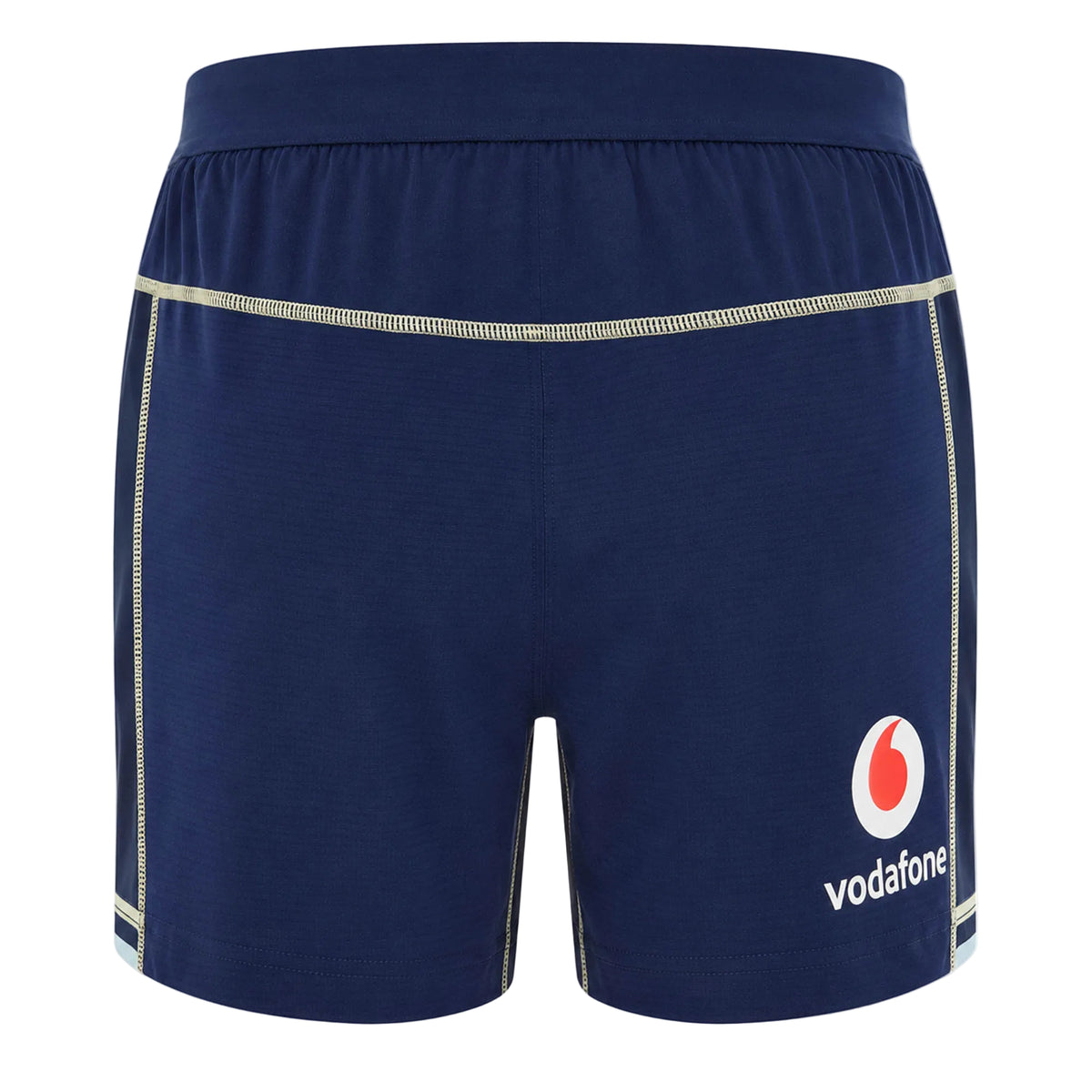 Introducing the Scotland SRU 26/27 Matchday Home Shorts by Macron—navy blue athletic shorts featuring an elastic waistband, stitched detailing, and the Vodafone logo printed on the lower right leg. Crafted by Macron for Scotland rugby fans, these shorts are made from moisture-wicking fabric to keep you comfortable during intense training sessions.