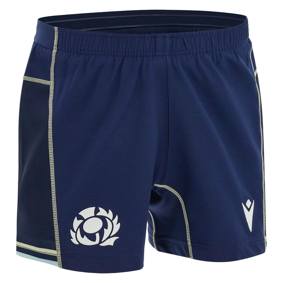 Introducing the Scotland SRU 26/27 Matchday Home Shorts by Macron, featuring a classic navy blue design with contrast stitching. The official Scottish Rugby Union thistle emblem is displayed on the front left, while the Macron logo appears on the front right. Crafted for breathability and performance, these official matchday shorts combine comfort and style—perfect for every Scotland rugby supporter.