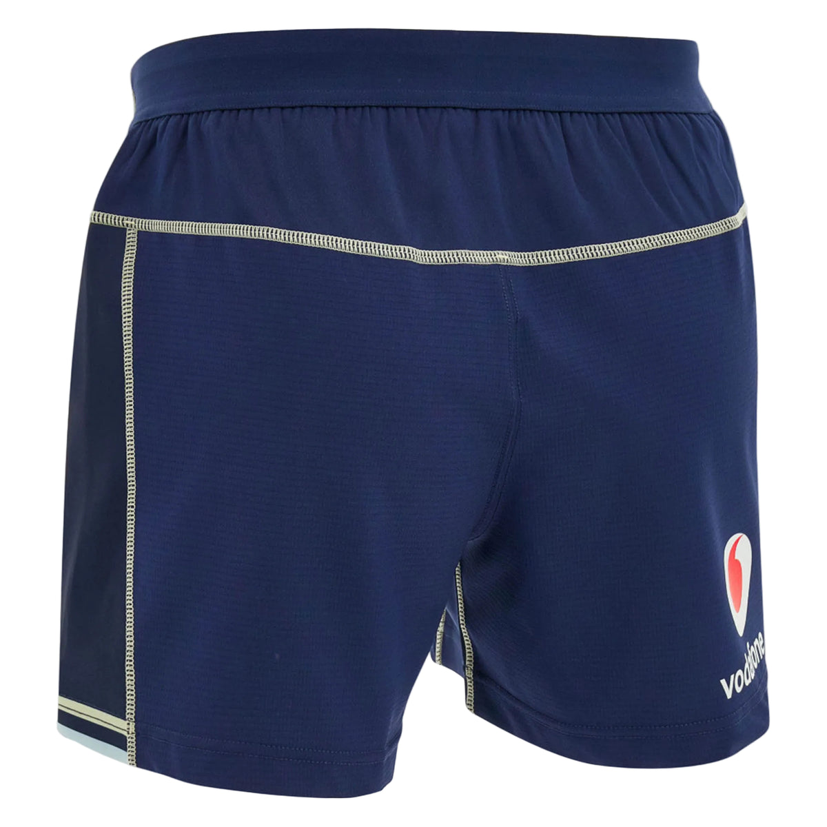 Inspired by classic Scotland rugby shorts, the Scotland SRU 26/27 Matchday Home Shorts by Macron feature navy blue breathable performance fabric, light-colored stitching, an elastic waistband, and a logo on the left leg, providing optimal comfort and style for every activity.