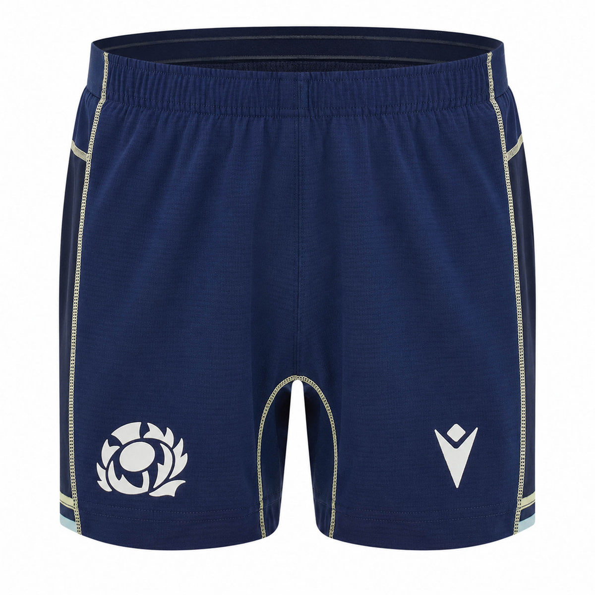 The Scotland SRU 26/27 Matchday Home Shorts by Macron are navy blue athletic shorts highlighted by white contrast stitching, featuring the iconic Scottish Rugby thistle emblem on the left leg and the Macron logo on the right. Designed for breathability and performance, these shorts are ideal for fans eager to show their support for Scotland Rugby both on and off the field.