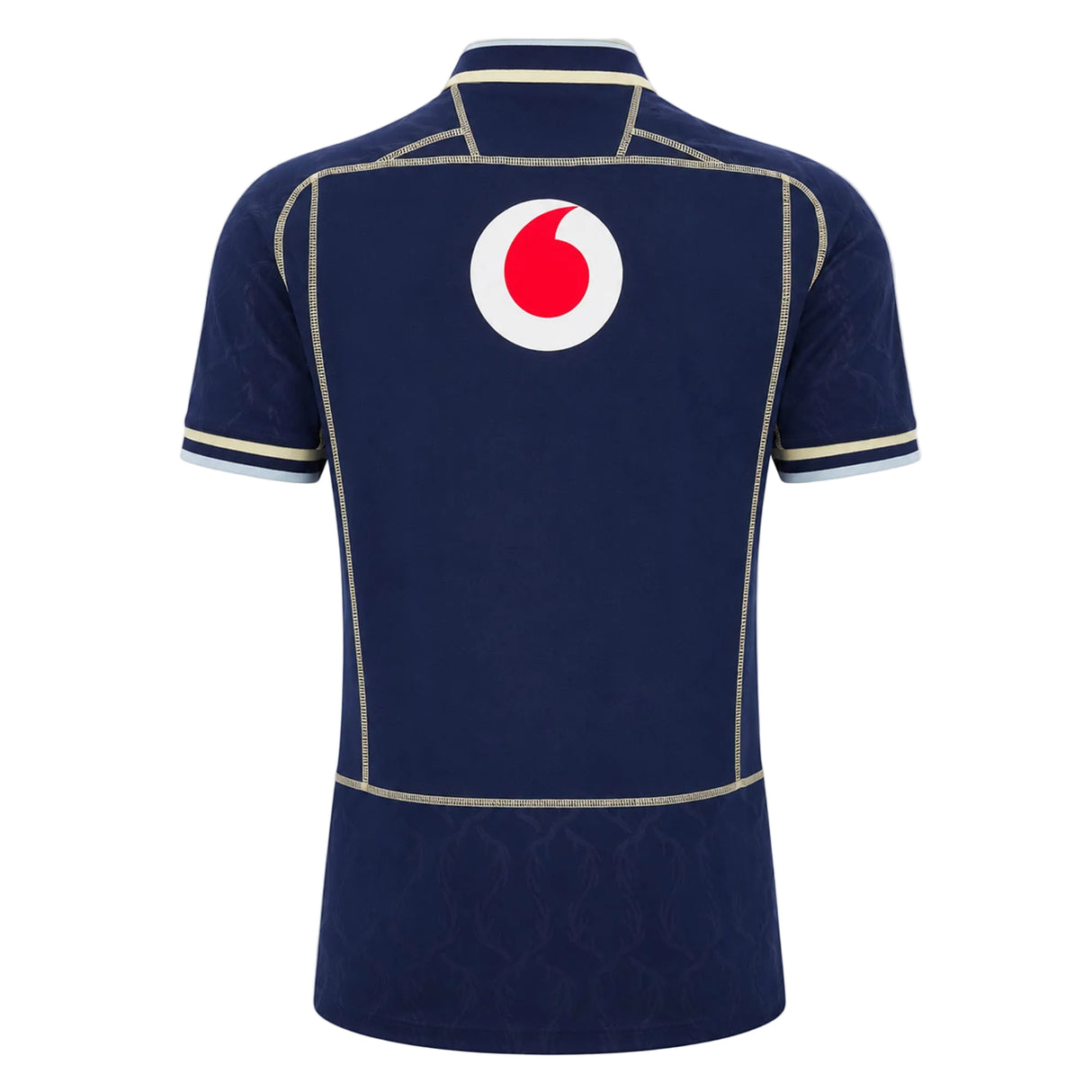 Navy blue Scotland SRU 26/27 Replica Home Jersey by Macron shown from the back, featuring light-colored trim and a prominent Vodafone logo centered near the shoulders—this official Macron jersey is designed for passionate Scotland rugby fans.