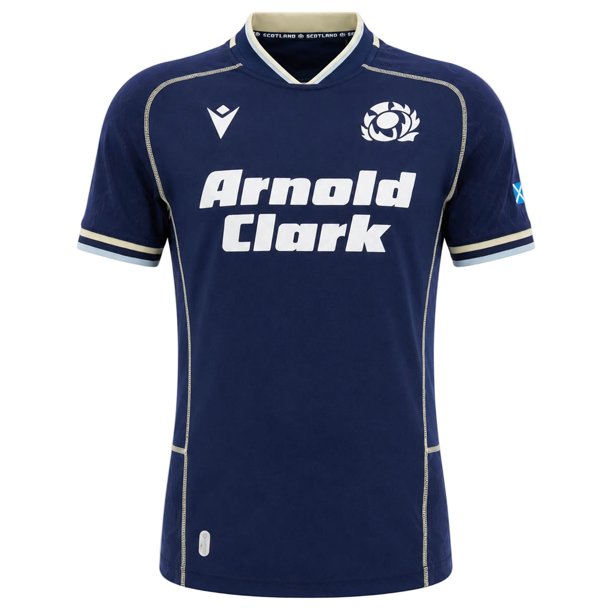 Show your support for Scotland with the Macron Scotland SRU 26/27 Replica Home Jersey, featuring a classic navy blue design with white "Arnold Clark" sponsor branding, the official Scotland rugby logo, and crisp white accents on the collar and sleeves—ideal for any passionate Scotland rugby fan.