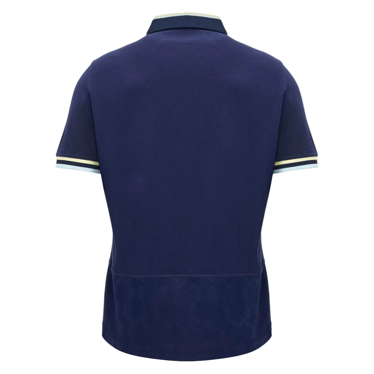 With its classic Scotland rugby jersey design, the Scotland SRU 26/27 Cotton Replica Home Jersey by Macron features a navy blue color, short sleeves, a collar, and striped trim on the sleeve cuffs. Crafted from soft cotton by Macron, this replica home jersey combines comfort and style for dedicated fans.