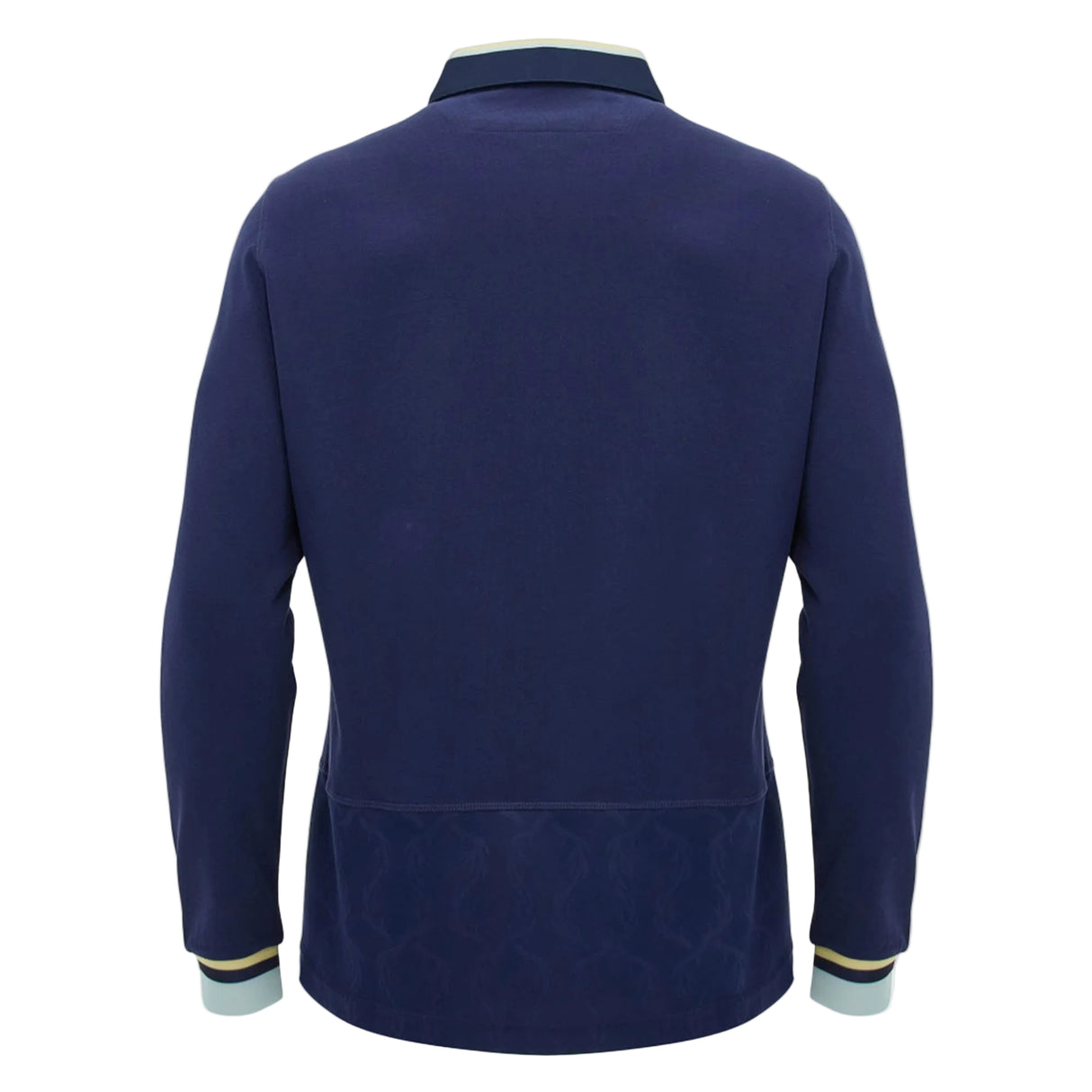 The Scotland SRU 26/27 Cotton Replica Long Sleeve Home Jersey by Macron, shown from the back in navy blue, is styled as a cotton replica jersey and features contrasting light blue collar and cuffs accented with yellow trim.