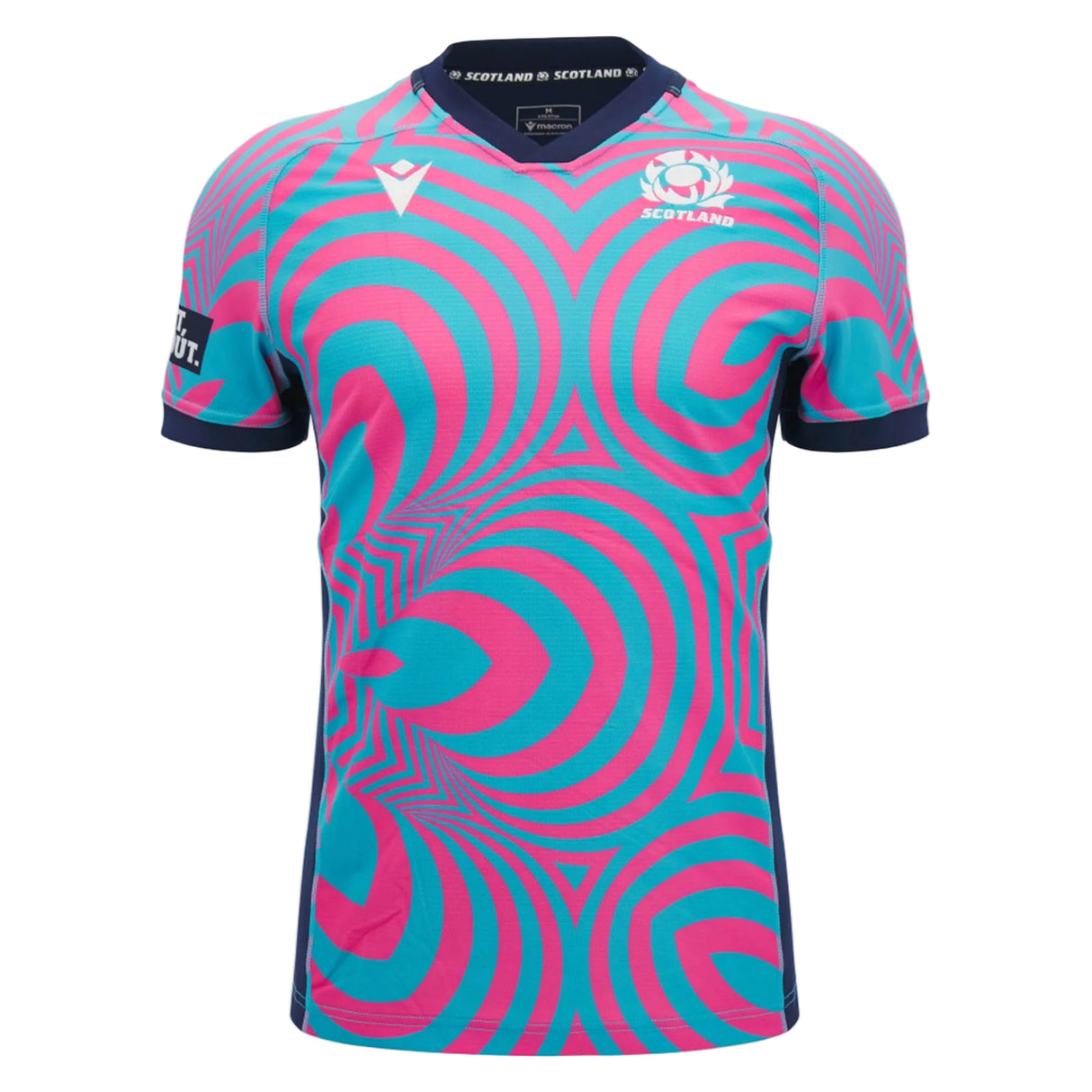 The Scotland SRU 26/27 Replica Training Jersey by Macron features blue and pink concentric circle patterns, a navy collar and sleeve trim, and prominently displays the Scotland Rugby logo on the chest. Crafted by Macron, it’s perfect for fans looking for an authentic Scotland Rugby Jersey look.