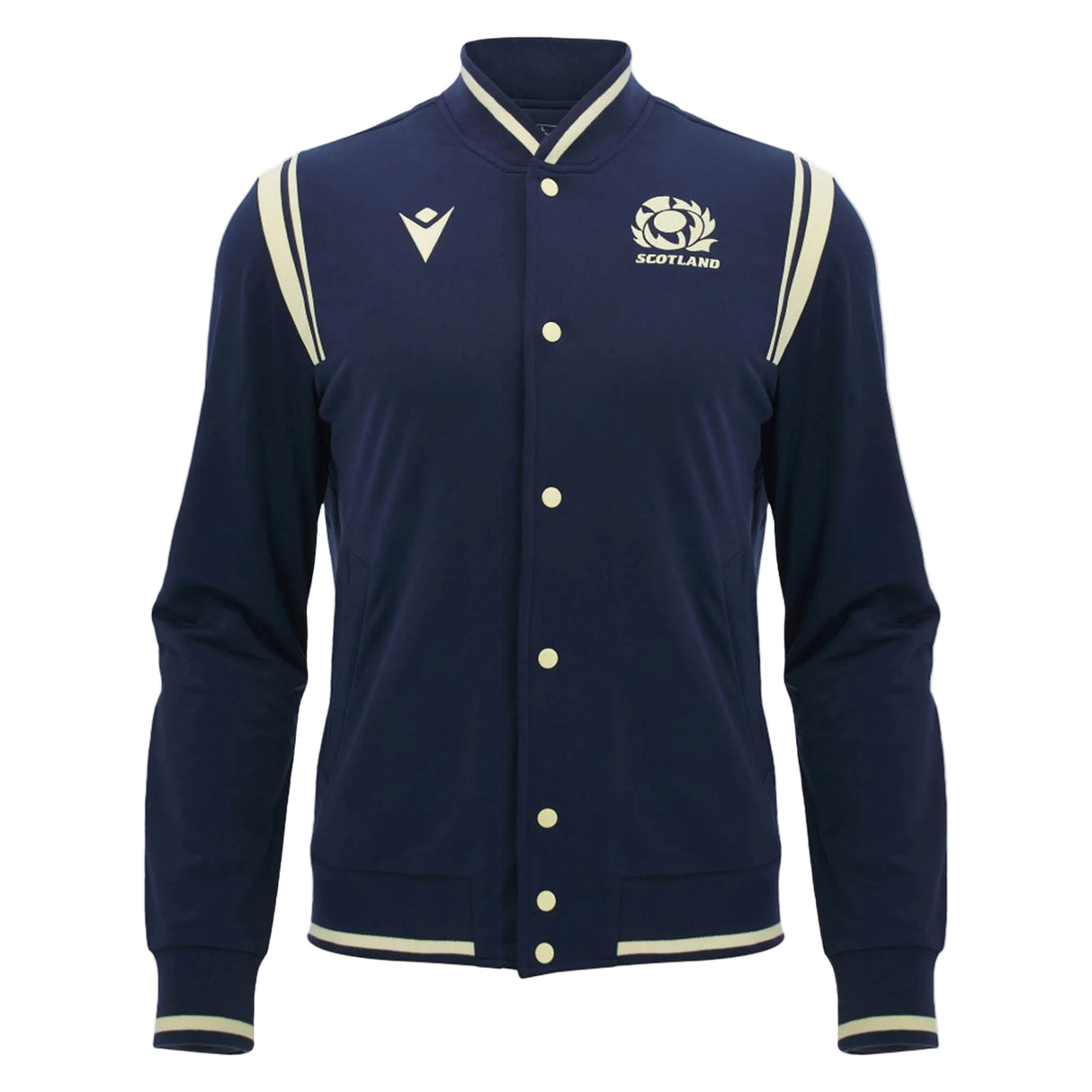 The Scotland SRU 26/27 Anthem Varsity Jacket by Macron features a navy blue design with cream trim, button closure, and the Scotland Rugby team logo on the left chest.