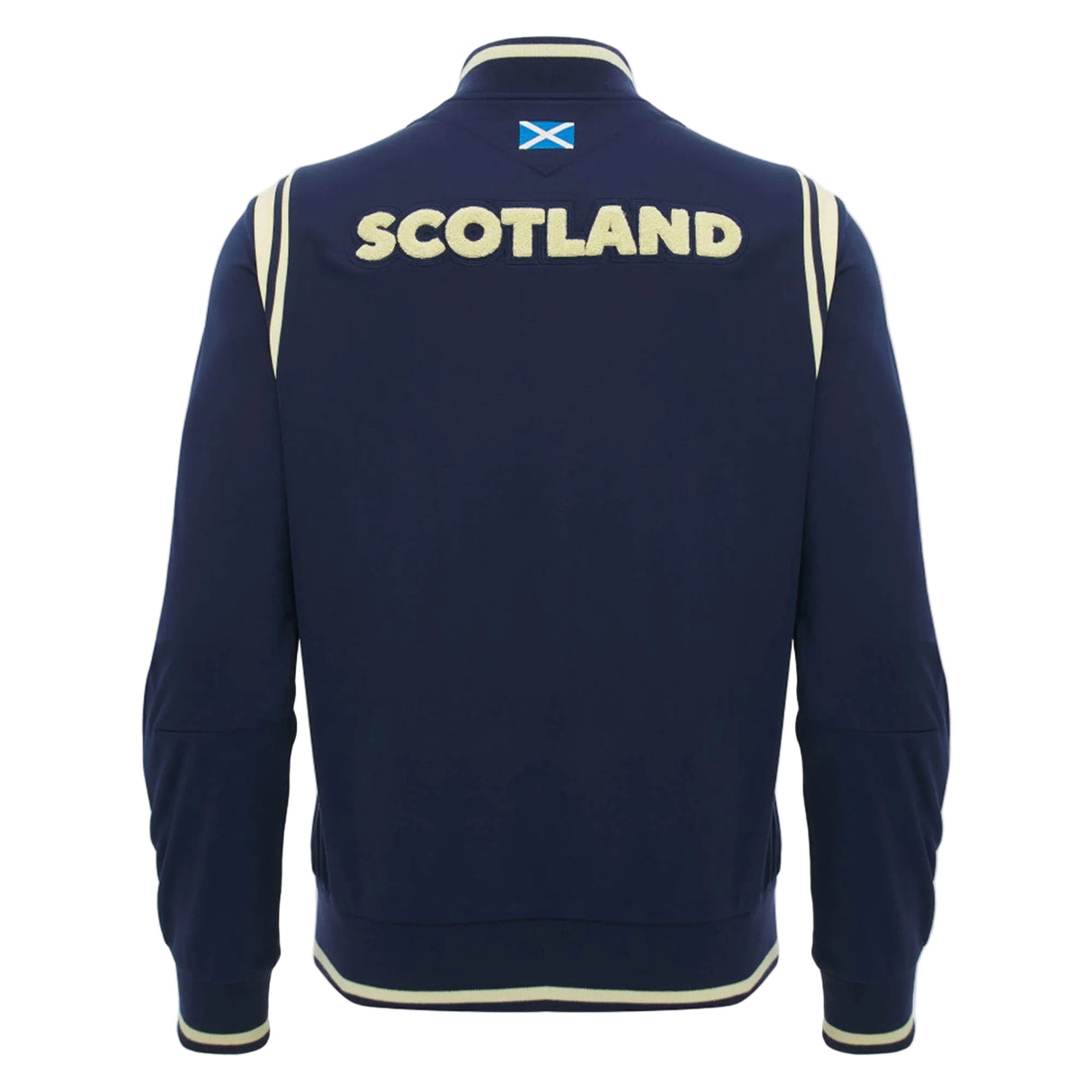 Here’s your rewritten sentence using the provided product data: The Scotland SRU 26/27 Anthem Varsity Jacket by Macron is shown from the back in navy blue, featuring "SCOTLAND" in large white letters with a small Scottish flag above the text near the collar, designed in classic varsity style.