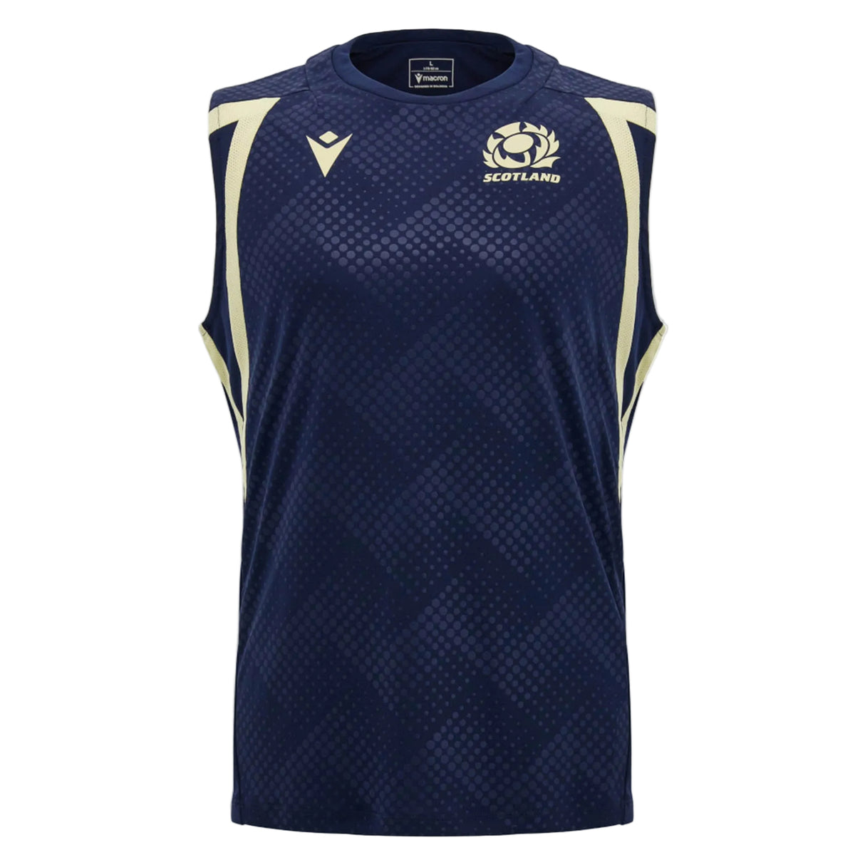 Officially crafted by Macron, the Scotland SRU 26/27 Player Training Singlet is a sleeveless navy athletic tank top featuring the Scotland rugby logo on the chest and light diagonal accents on the shoulders and sides, designed for peak player performance.