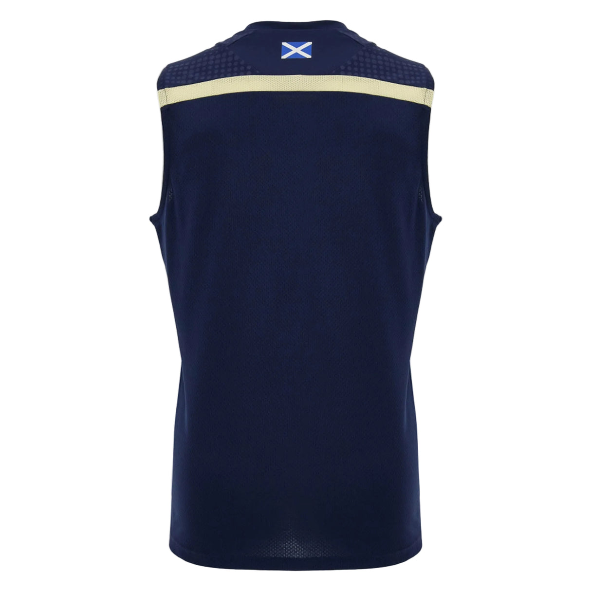 The Scotland SRU 26/27 Player Training Singlet by Macron is a navy blue sleeveless athletic jersey designed for rugby training, featuring a small Scottish flag on the upper back and a light yellow horizontal stripe below the shoulders. This player tank top is part of the Macron 2026/27 collection.