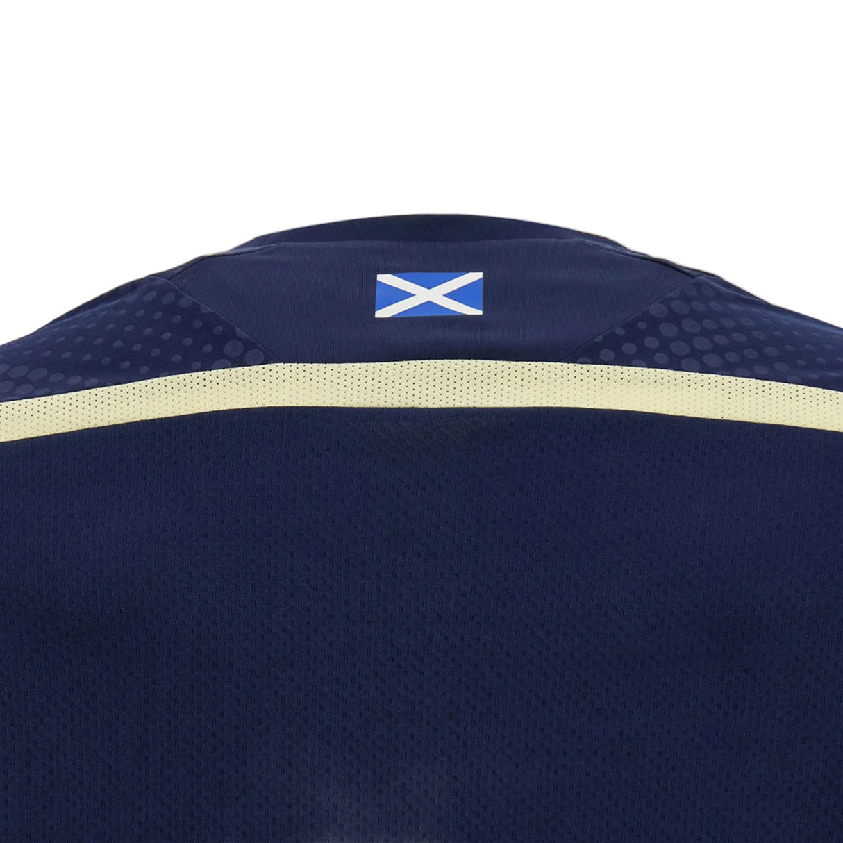 Close-up of the back of the Scotland SRU 26/27 Player Training Singlet by Macron in dark blue, showing a small Scottish flag near the collar and a light horizontal stripe below it. This player training tank top is part of the official Macron collection for 2026/27.