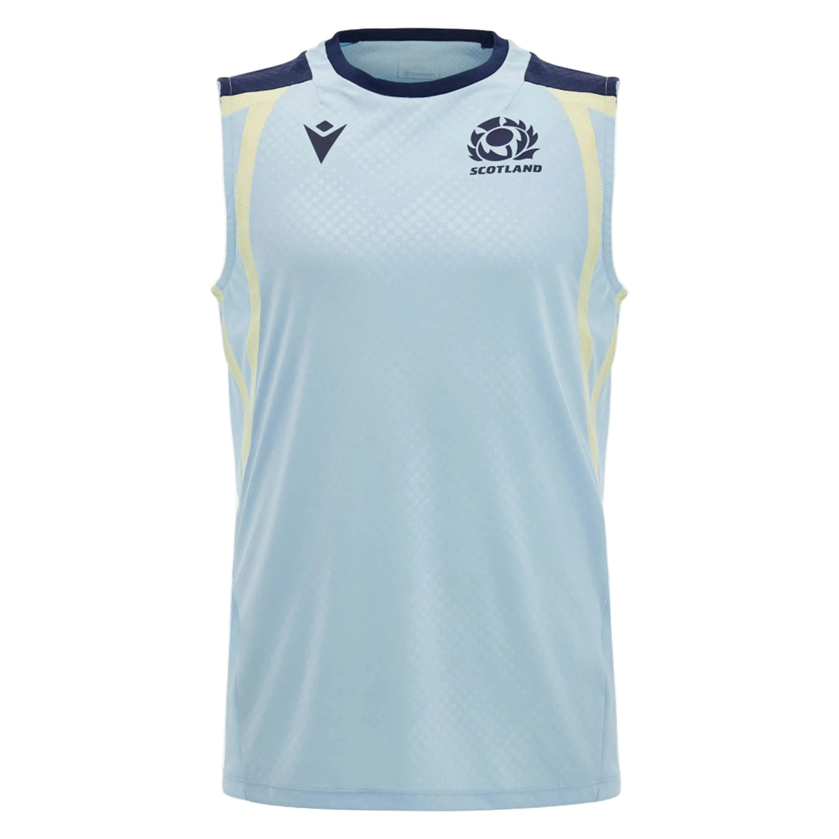 The Scotland SRU 26/27 Player Training Singlet by Macron is a sleeveless light blue training tank top, featuring dark blue shoulder accents, the official Scotland Rugby logo, and the Macron branding from the 2026/27 season on the chest—perfectly designed for player performance.