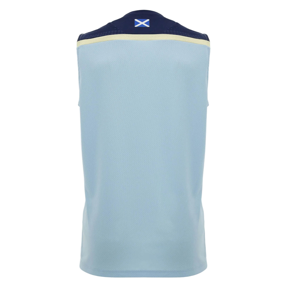 Light blue sleeveless Scotland SRU 26/27 Player Training Singlet by Macron shown from the back, featuring a small Scottish flag on the upper navy section near the collar; this Macron singlet showcases national pride and athletic performance.