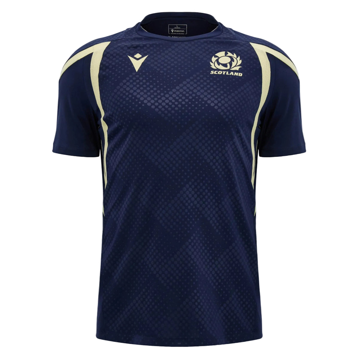 Introducing the Scotland SRU 26/27 Player Training Shirt by Macron—this navy blue rugby jersey features light yellow accents, a striking geometric pattern, and the team logo on the chest. Expertly crafted for both fans and athletes, this official Macron training shirt combines classic Scottish Rugby tradition with high-performance comfort, perfect whether you're cheering from the stands or hitting the training field.