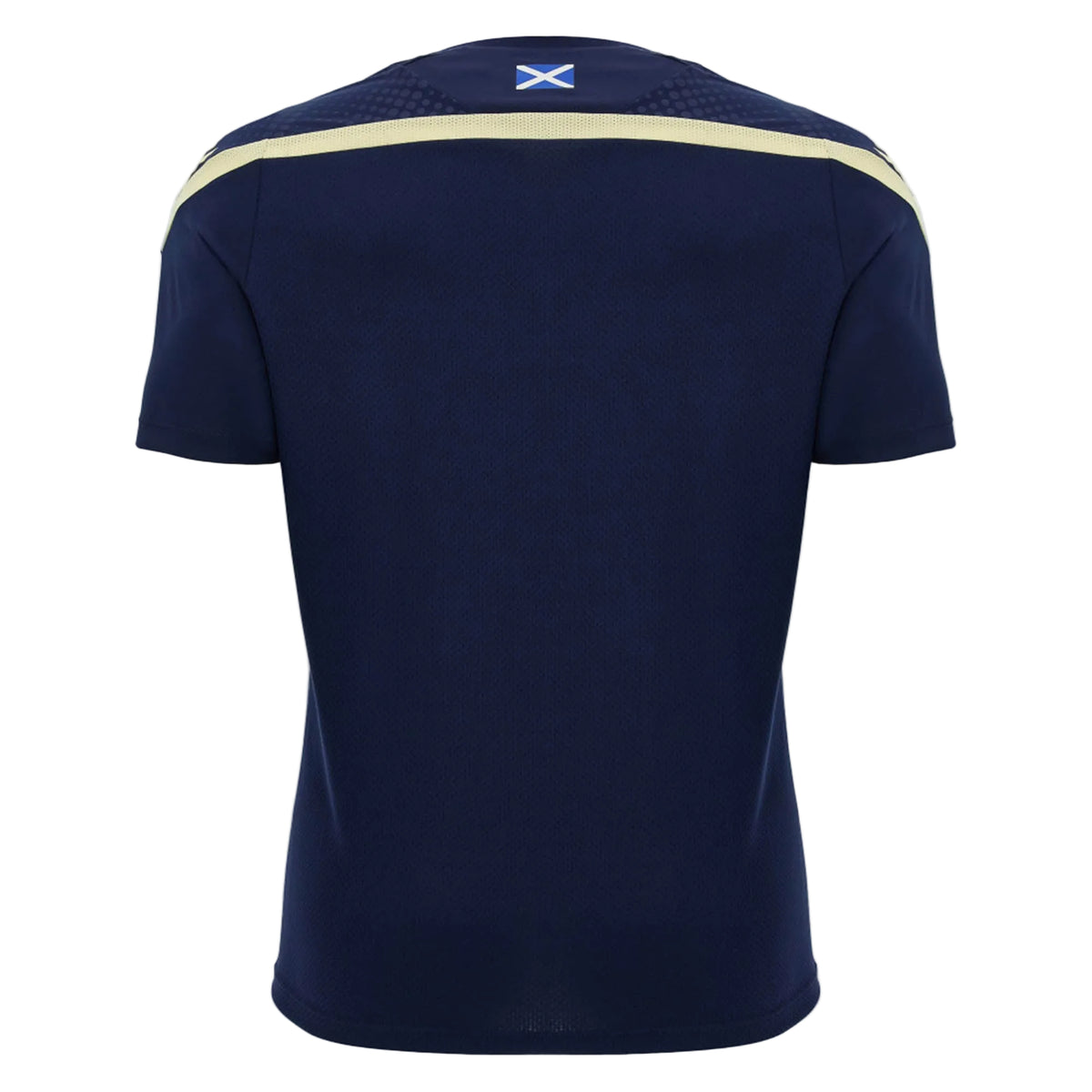 Navy blue Scotland SRU 26/27 Player Training Shirt by Macron shown from the back, featuring a small Scottish flag near the collar and a light-colored stripe across the shoulders. This official Macron training shirt is designed for dedicated Scotland Rugby players and fans, capturing authentic SRU style.