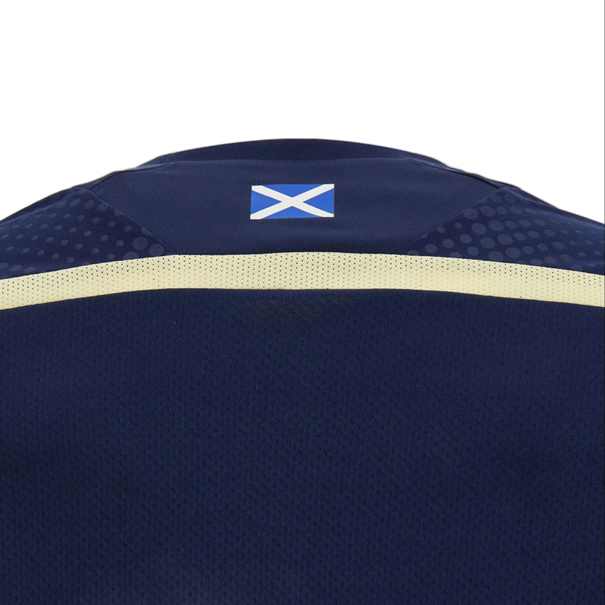 Close-up of the upper back of the Scotland SRU 26/27 Player Training Shirt by Macron, featuring a small Scottish flag on the collar and light-colored trim below it.