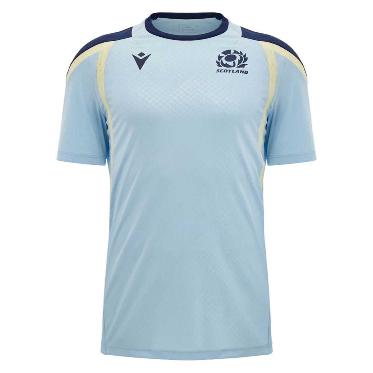 The Scotland SRU 26/27 Player Training Shirt by Macron is a light blue rugby training top with navy and yellow accents, featuring both the Scotland Rugby logo and the Macron brand logo on the chest, shown against a plain background.