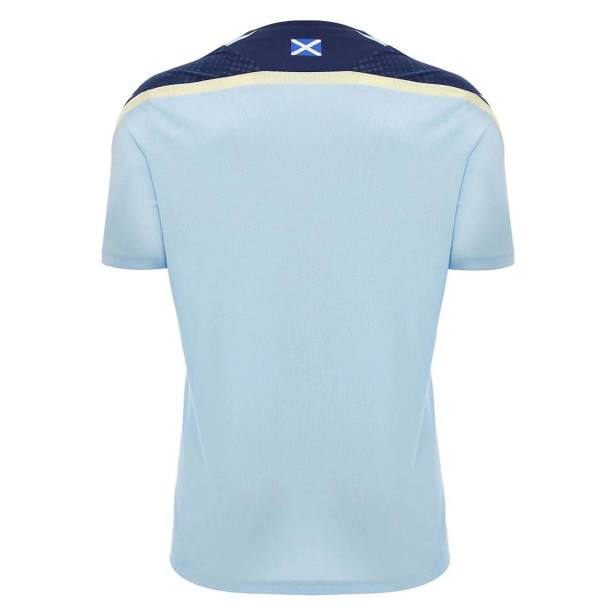 Back view of the Scotland SRU 26/27 Player Training Shirt by Macron in light blue, featuring short sleeves, dark blue and yellow accents, and a small Scottish flag below the collar.