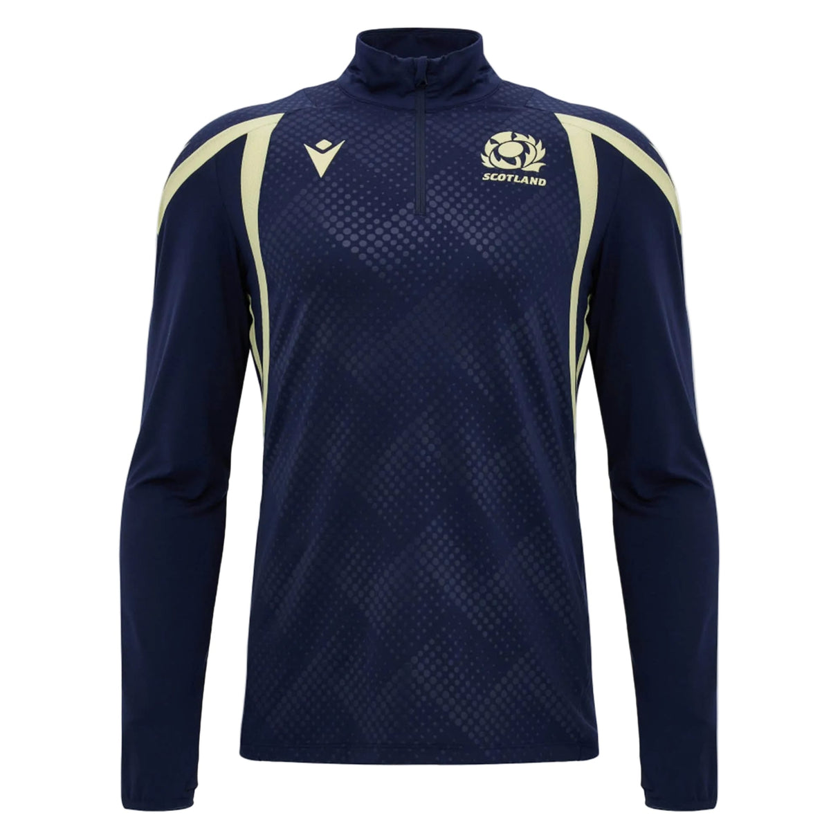 Introducing the Scotland SRU 26/27 Training 1/4 Zip by Macron—a navy blue long-sleeve training top featuring cream accents, a Macron quarter-zip, and the Scottish Rugby Union emblem on the left chest.