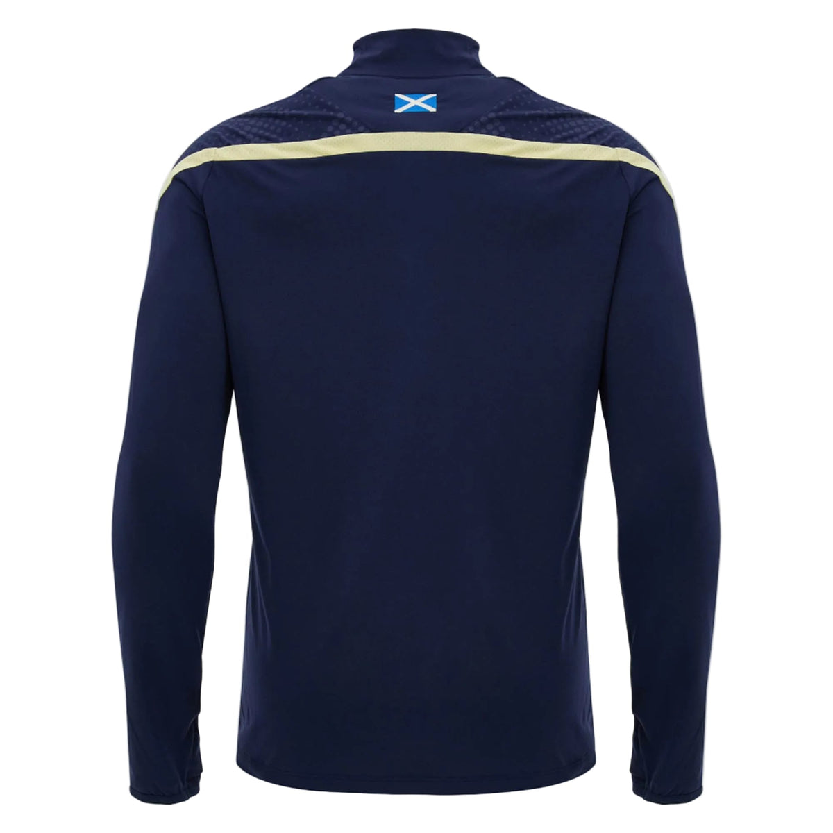 The Scotland SRU 26/27 Training 1/4 Zip by Macron is pictured from the back, featuring a navy long-sleeve design with a small Scottish flag at the upper center and contrasting accents across the shoulders—this official training top from Macron combines a sleek 1/4 zip style, making it an ideal choice for fans of the Scottish Rugby Union.